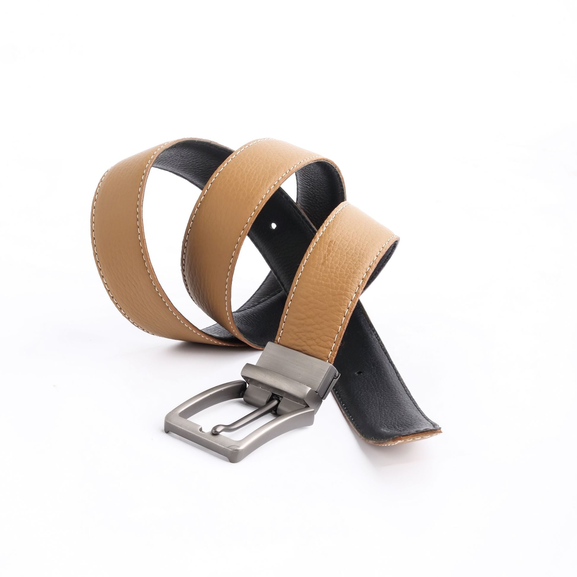 Natural Milled Double Sided Reversible Men's Leather Belt showcasing black and tan sides with a silver-tone buckle.