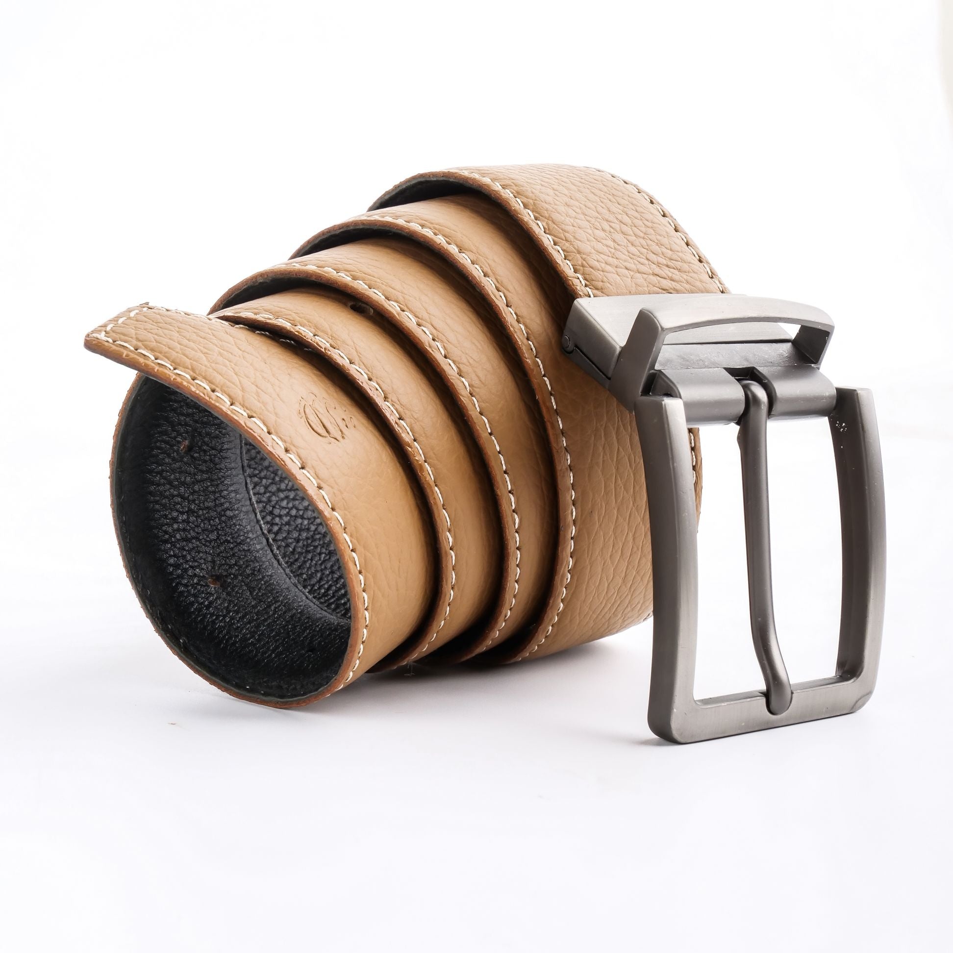 Natural Milled Double Sided Reversible Men's Leather Belt showcasing black and tan sides with a silver-tone buckle.