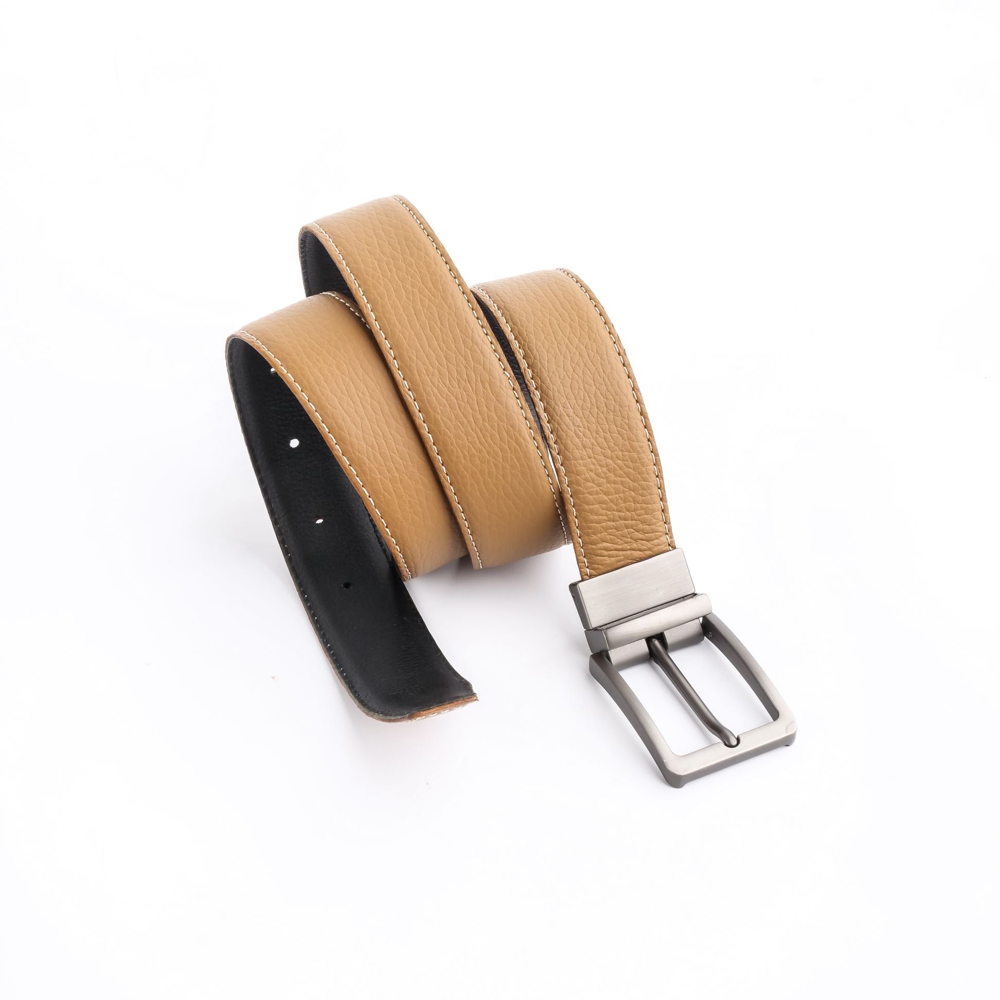 Natural Milled Double Sided Reversible Men's Leather Belt showcasing black and tan sides with a silver-tone buckle.