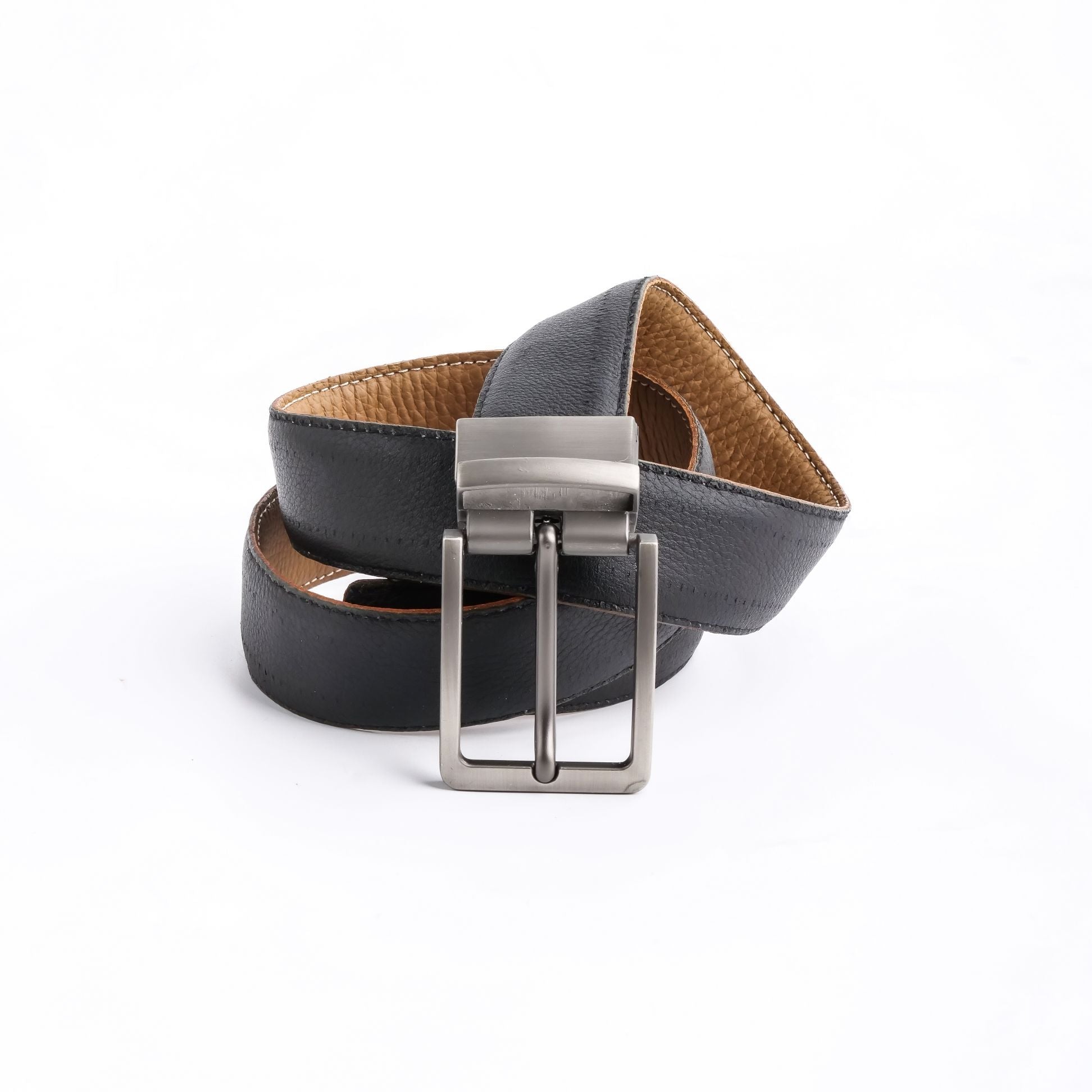 Natural Milled Double Sided Reversible Men's Leather Belt showcasing black and tan sides with a silver-tone buckle.