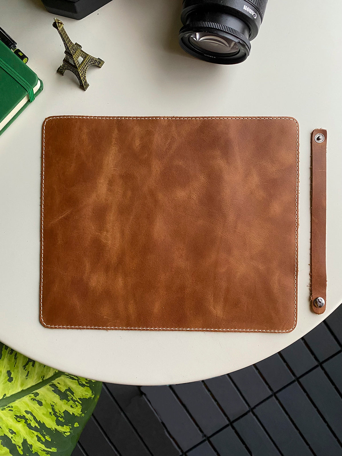 Navada Genuine Leather Luxury Mouse Pad with a smooth surface and suede bottom, elegantly designed for a stylish workspace.