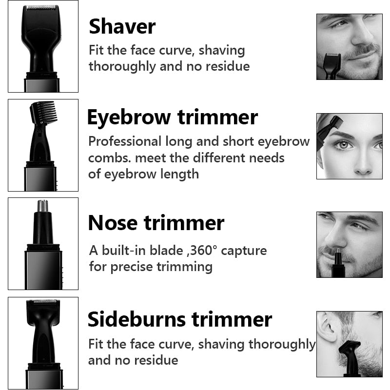 New Electric Nose Hair Trimmer with multiple attachments for ear, nose, and beard grooming.