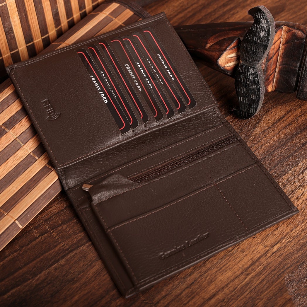 Notebook Men's Wallet in black and brown genuine leather with multiple compartments and RFID protection.