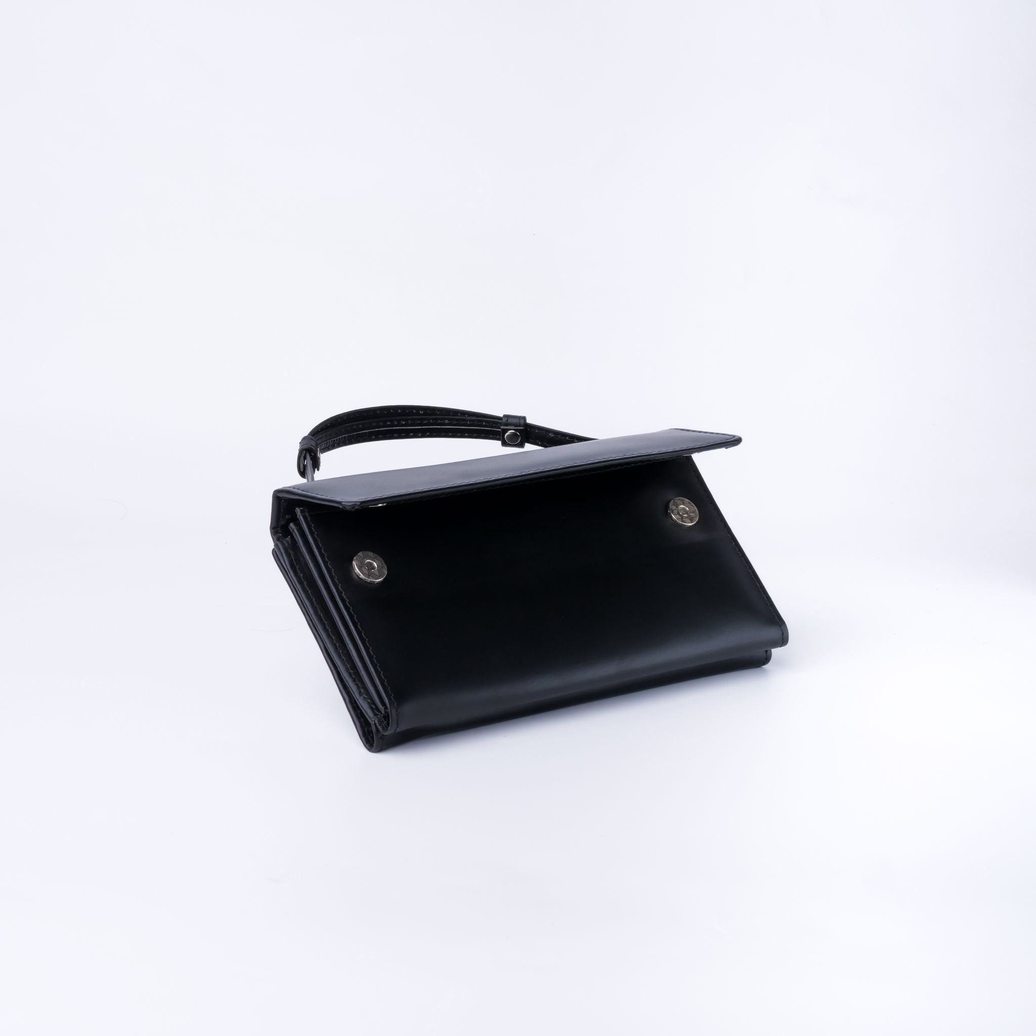 Nova-Womens Handle Leather Clutch Wallet in Black with adjustable handle strap and secure closures.