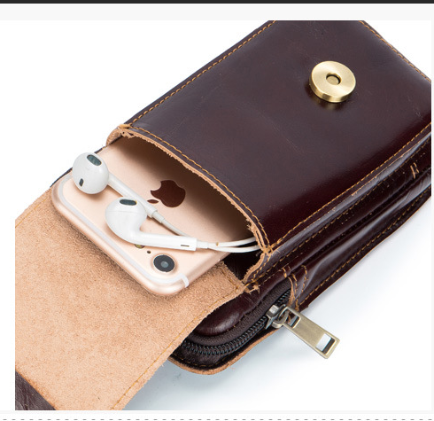 Oil Wax Leather Retro Style Small Waist Bag in brown leather with zipper and mobile phone pocket.