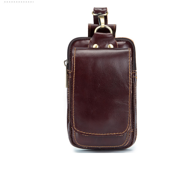 Oil Wax Leather Retro Style Small Waist Bag in brown leather with zipper and mobile phone pocket.