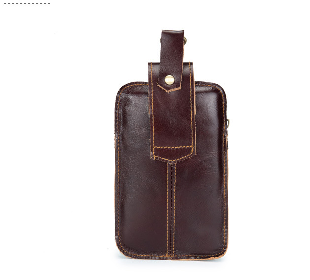 Oil Wax Leather Retro Style Small Waist Bag in brown leather with zipper and mobile phone pocket.