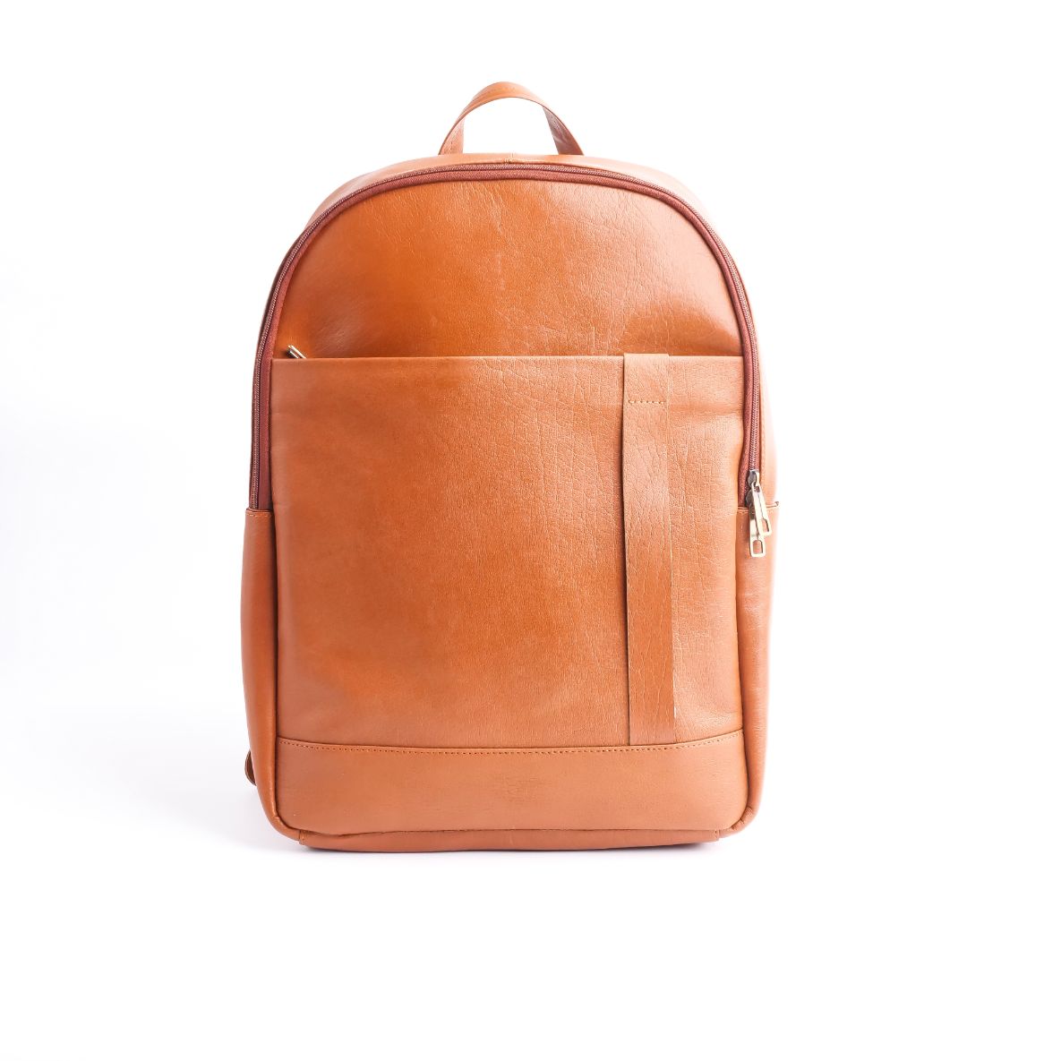 Tan brown On-The-Go Leather Backpack showcasing its sleek design and multiple compartments.