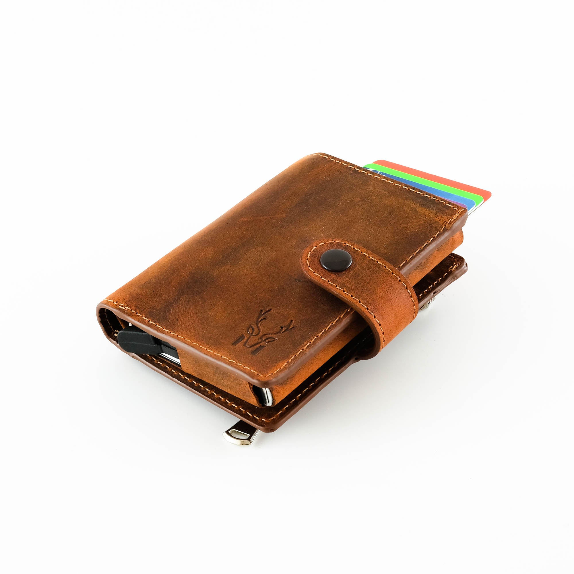 Orlando Genuine Leather Pop-Up RFID Premium Cardholder in various colors with zipper feature and aluminum mechanism.