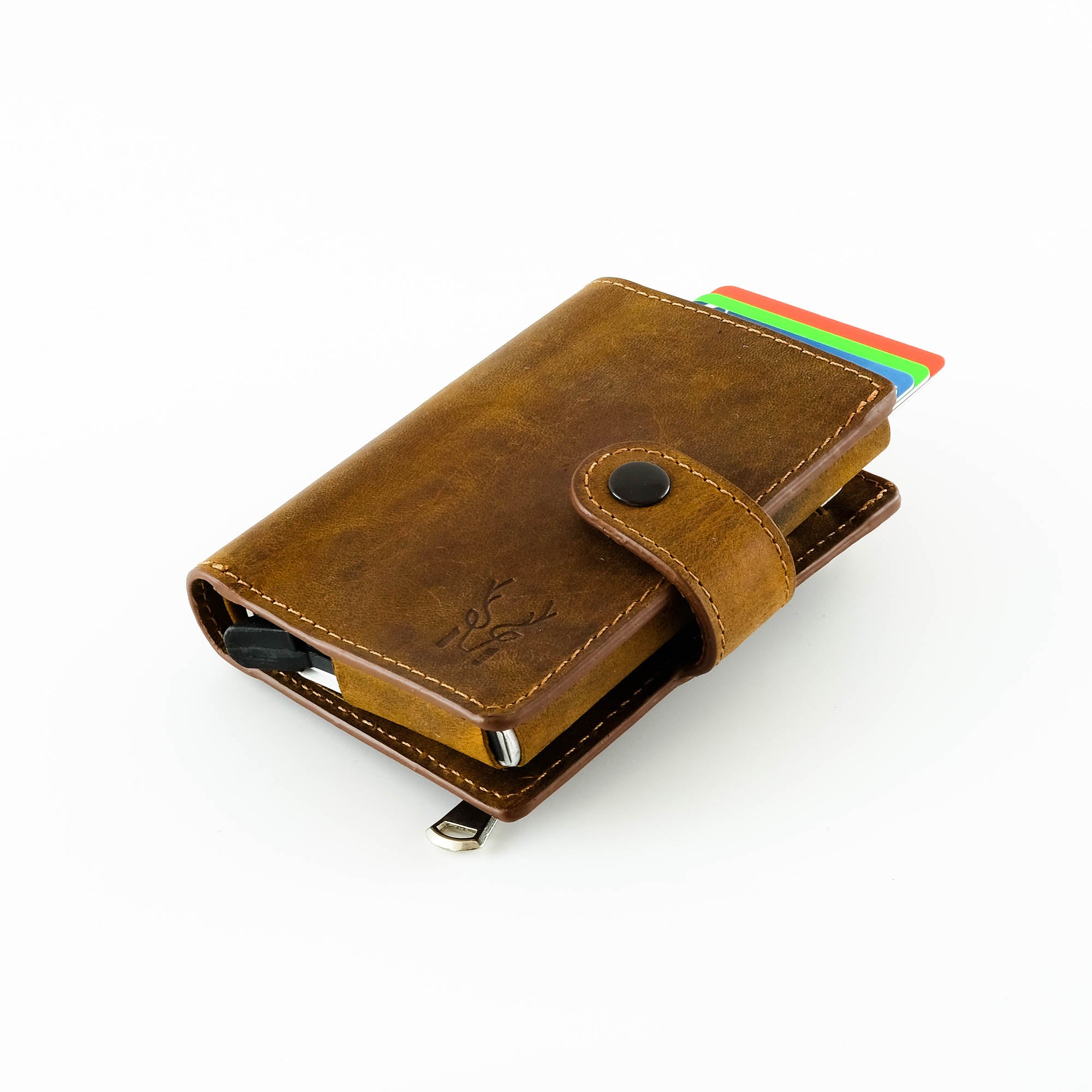 Orlando Genuine Leather Pop-Up RFID Premium Cardholder in various colors with zipper feature and aluminum mechanism.