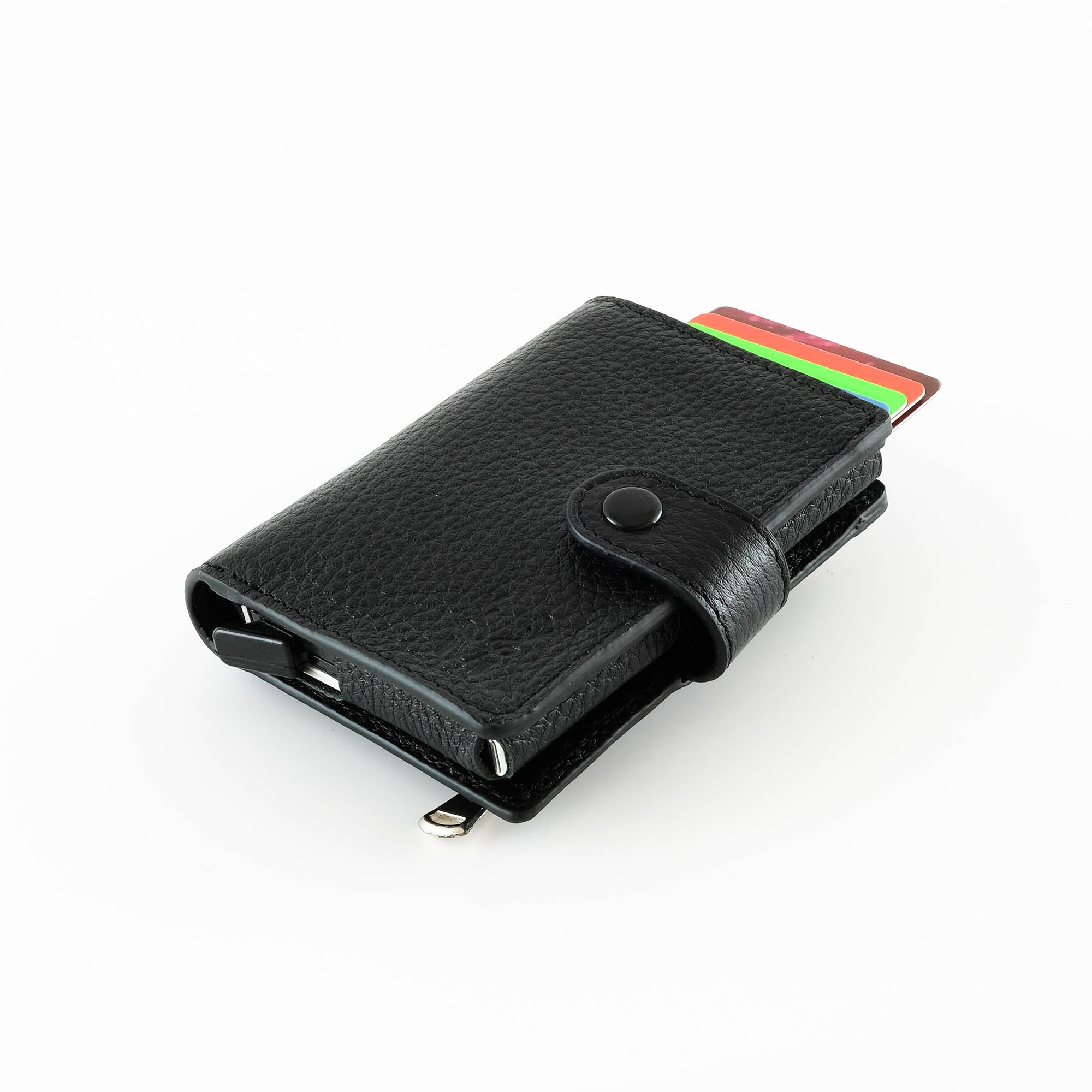 Orlando Genuine Leather Pop-Up RFID Premium Cardholder in various colors with zipper feature and aluminum mechanism.