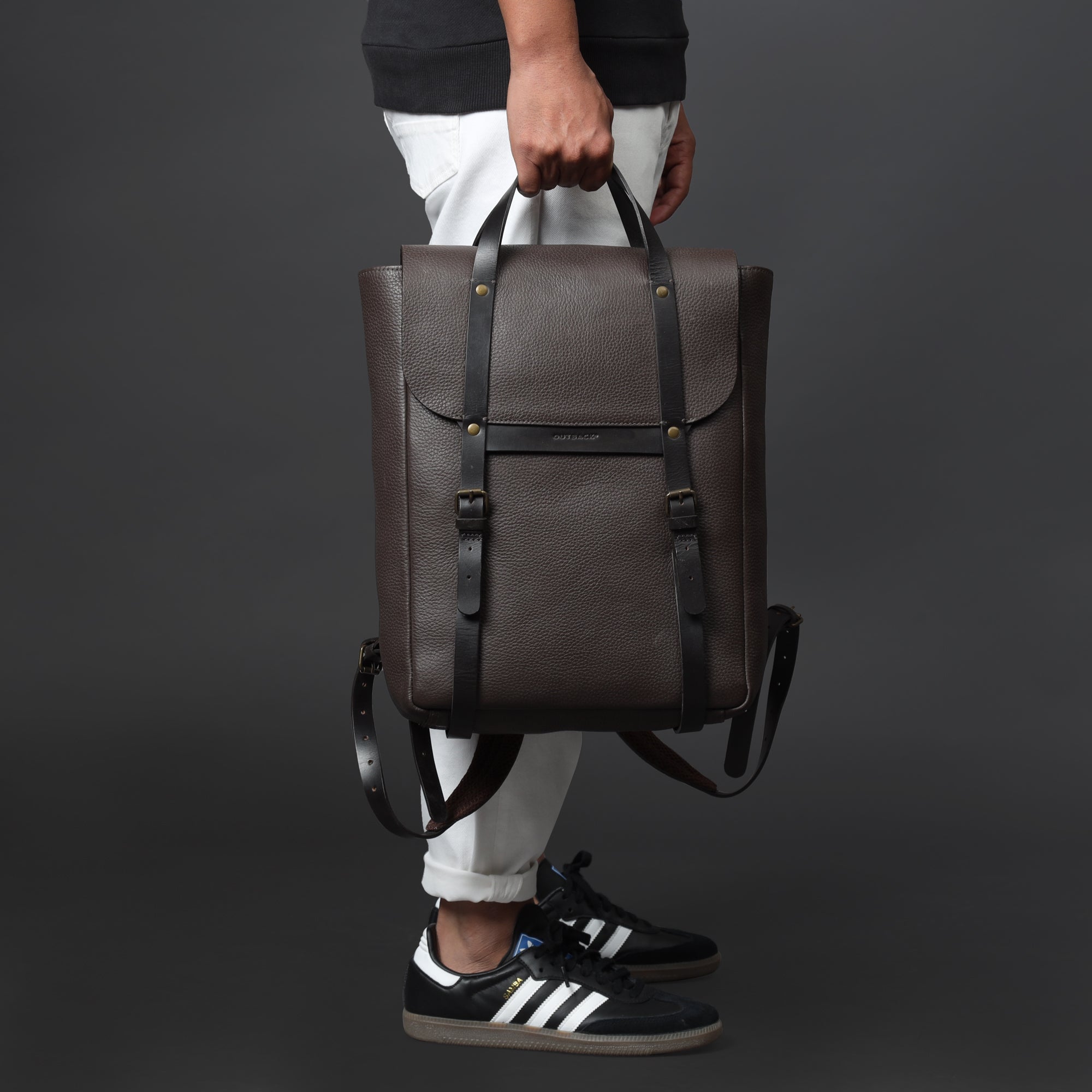 Oslo Leather Backpack made from premium full grain leather, featuring multiple pockets and adjustable straps, perfect for daily use and travel.