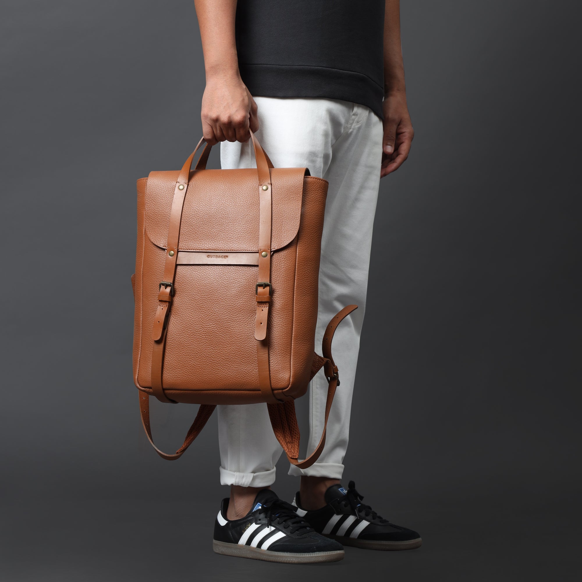 Oslo Leather Backpack made from premium full grain leather, featuring multiple pockets, adjustable straps, and a sleek design.