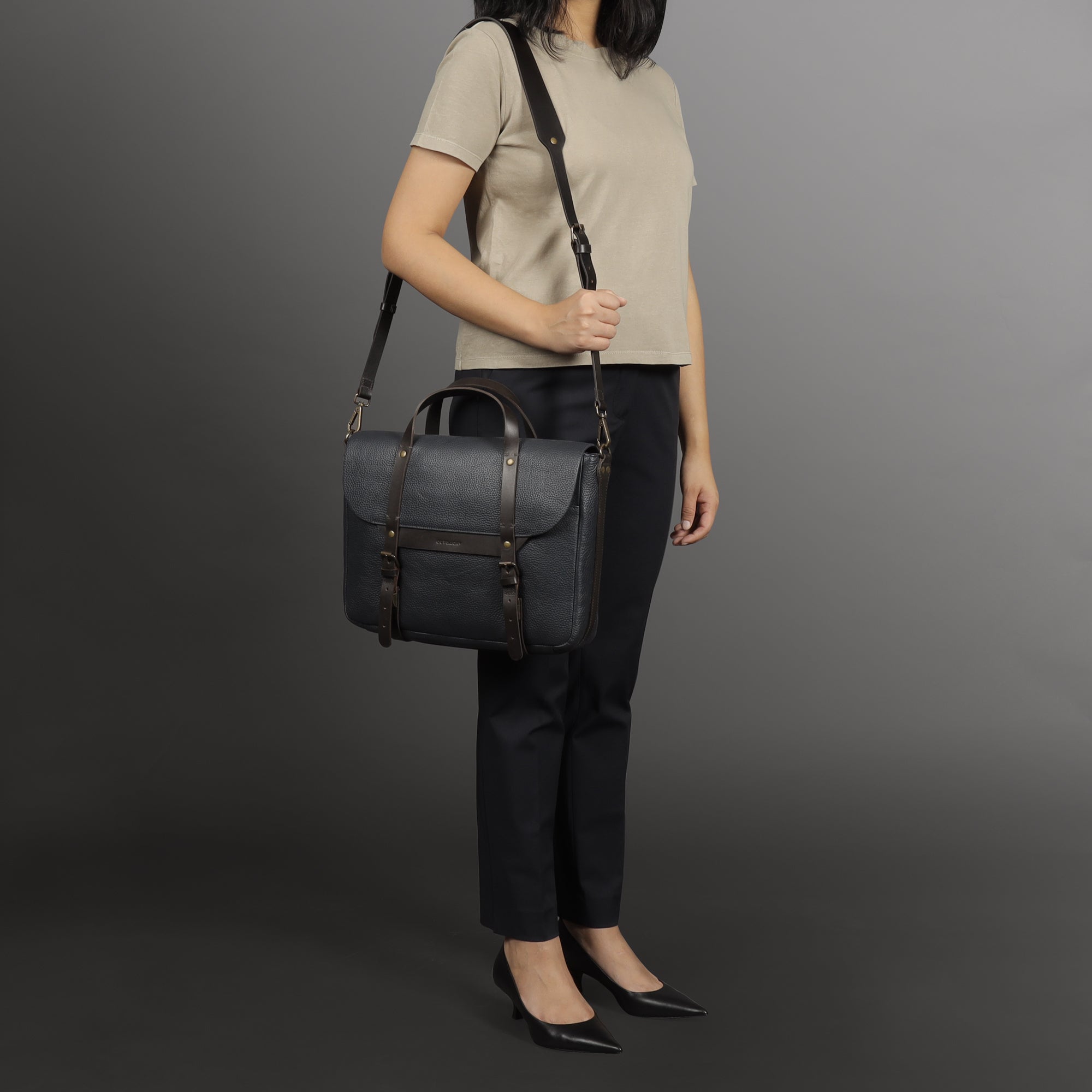 Oslo Leather Briefcase made from premium full grain leather, featuring a separate laptop compartment and stylish design.