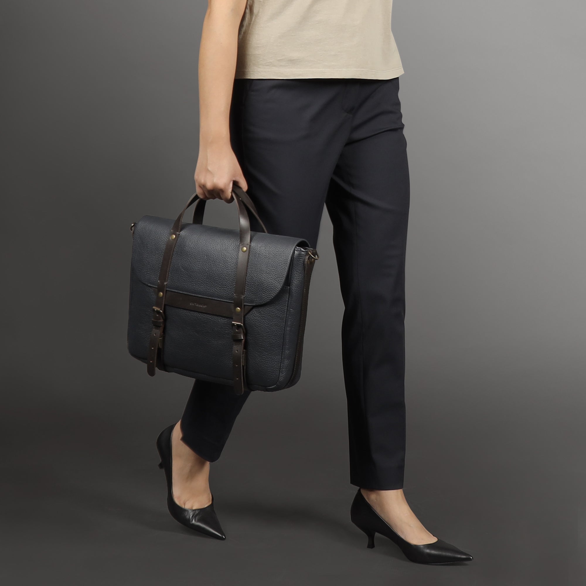 Oslo Leather Briefcase made from premium full grain leather, featuring a separate laptop compartment and stylish design.