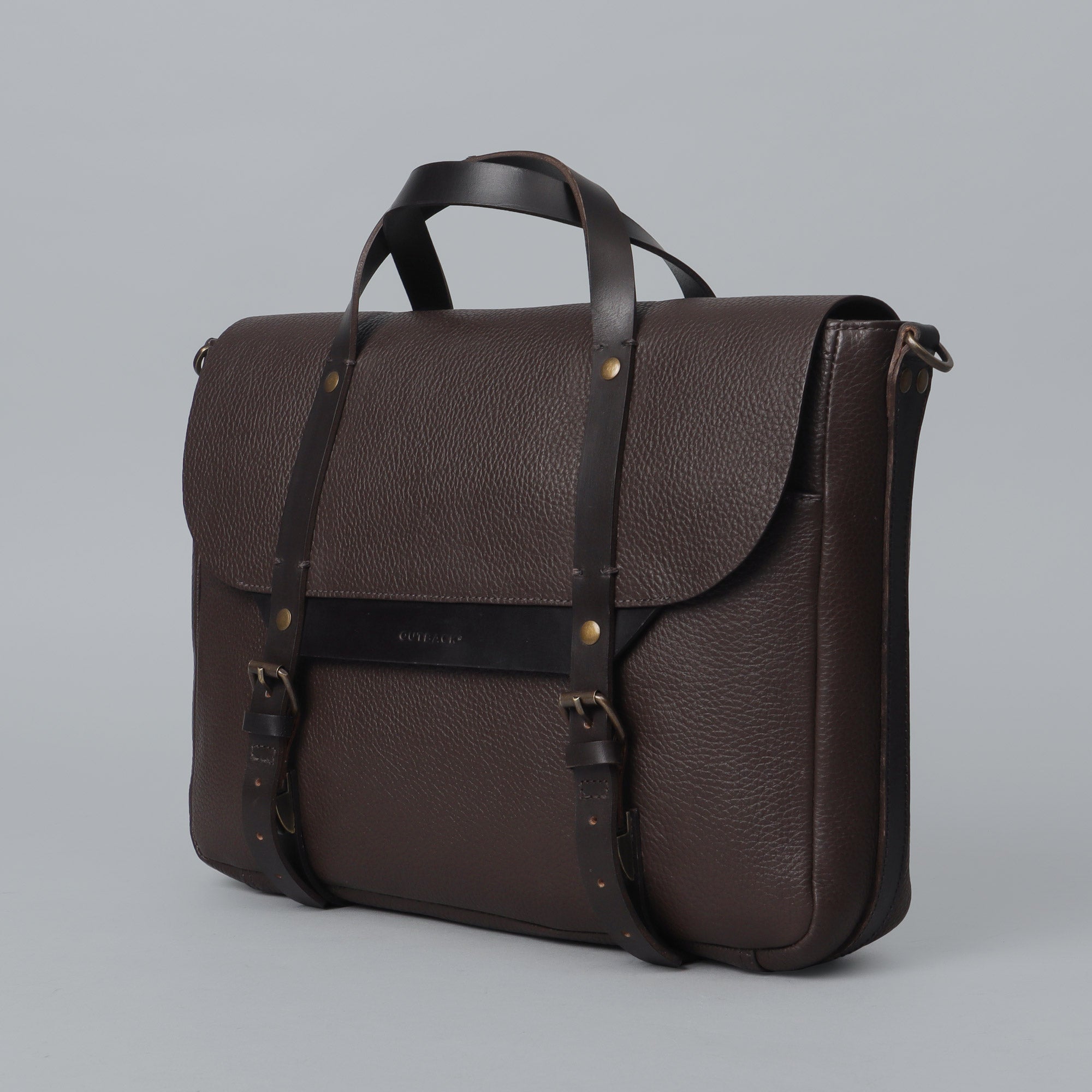 Oslo Leather Briefcase made from premium full grain leather, featuring a separate laptop section, zipper pocket, and magnetic slip pocket.