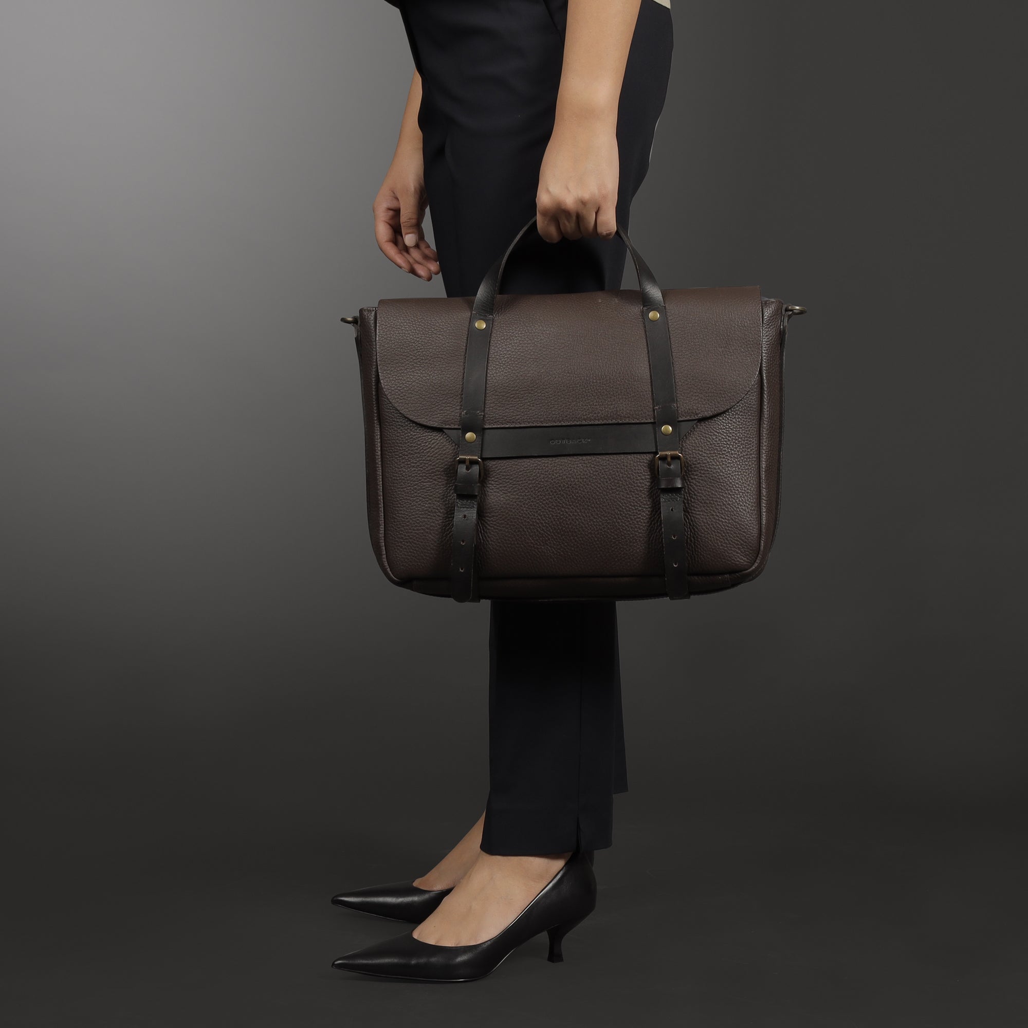 Oslo Leather Briefcase made from premium full grain leather, featuring a separate laptop section, zipper pocket, and magnetic slip pocket.