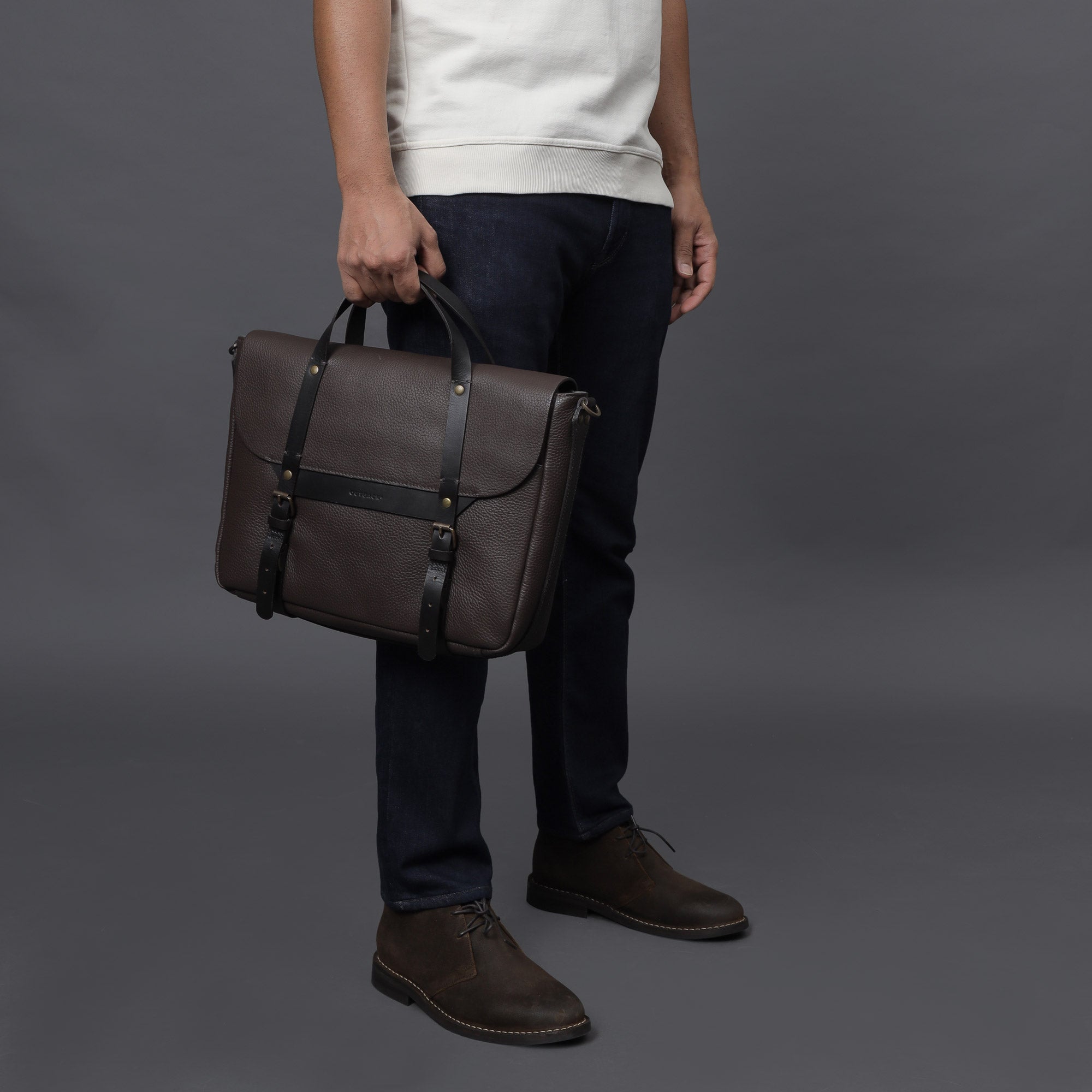 Oslo Leather Briefcase made from premium full grain leather, featuring a separate laptop section, zipper pocket, and magnetic slip pocket.