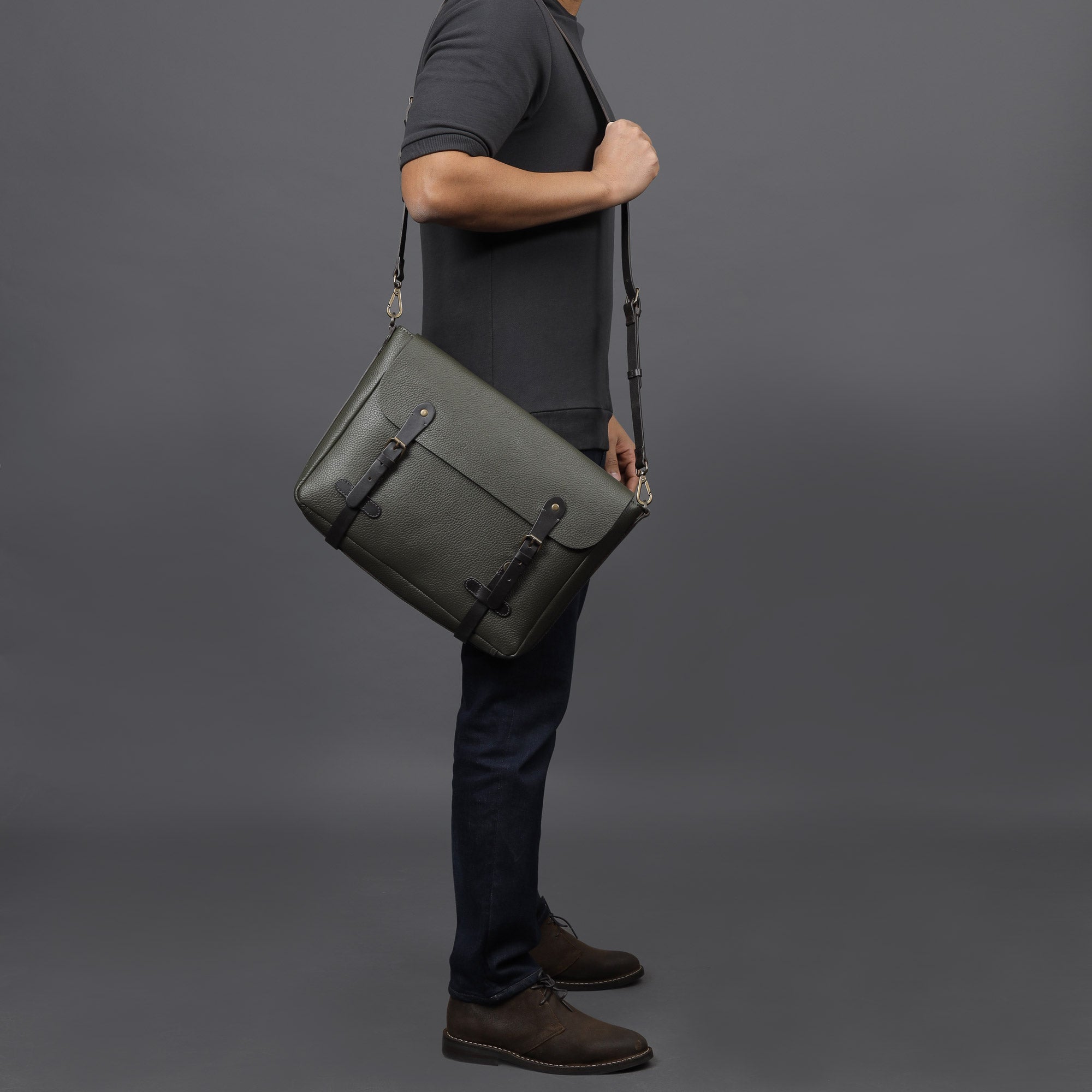 Oslo Leather Messenger Bag made from premium full grain leather, featuring a separate laptop compartment and multiple pockets for organization.