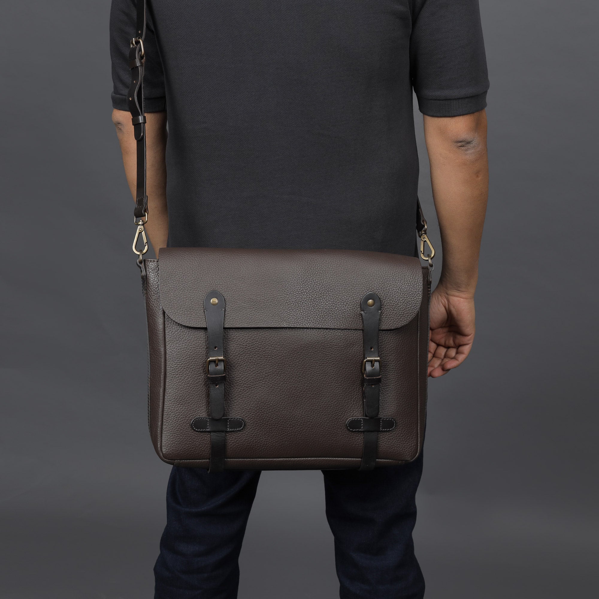 Oslo Leather Messenger Bag showcasing premium full grain leather, spacious compartments, and a comfortable shoulder strap.