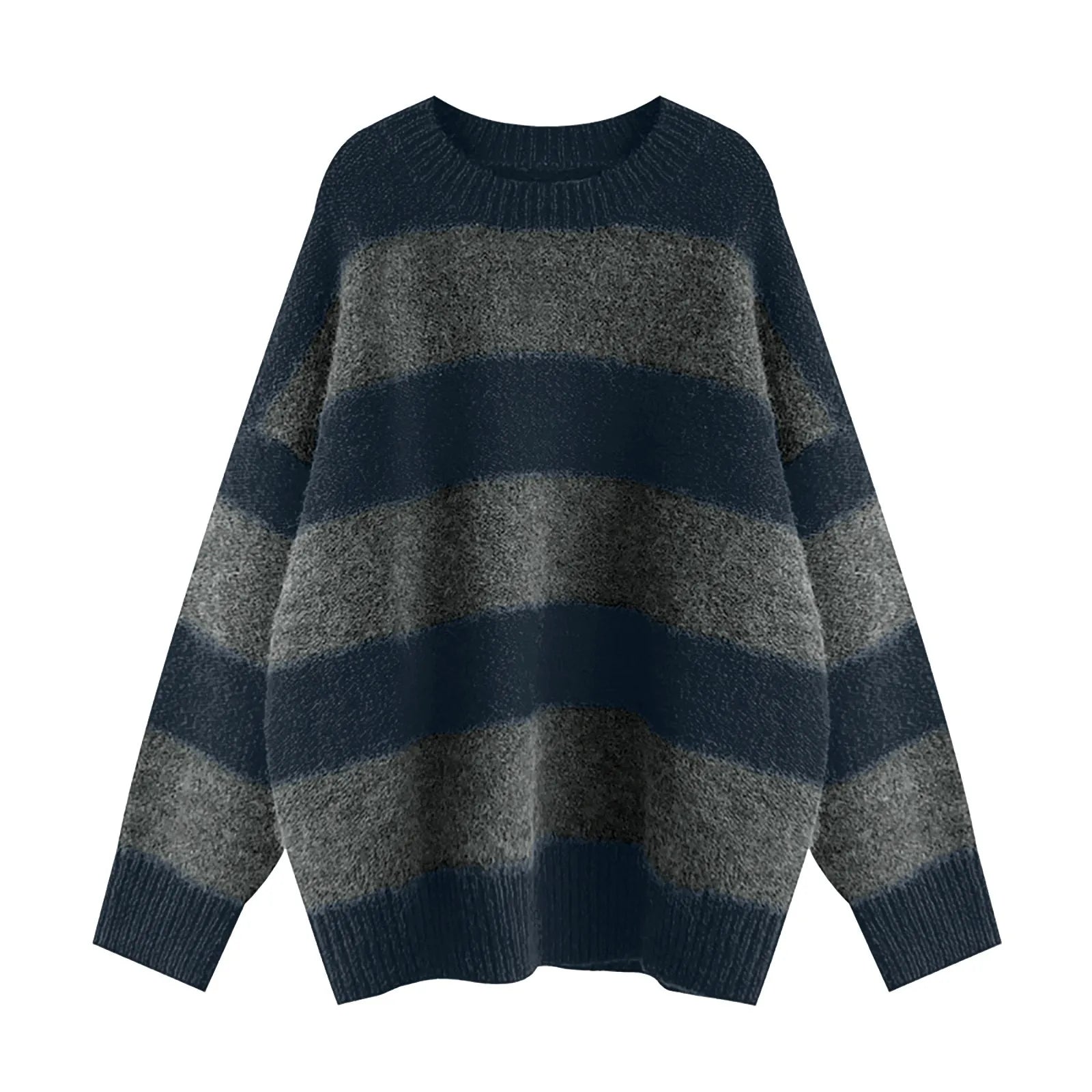 A cozy oversized striped sweater featuring a classic striped pattern, O-neck collar, and full sleeves, perfect for autumn and winter wear.