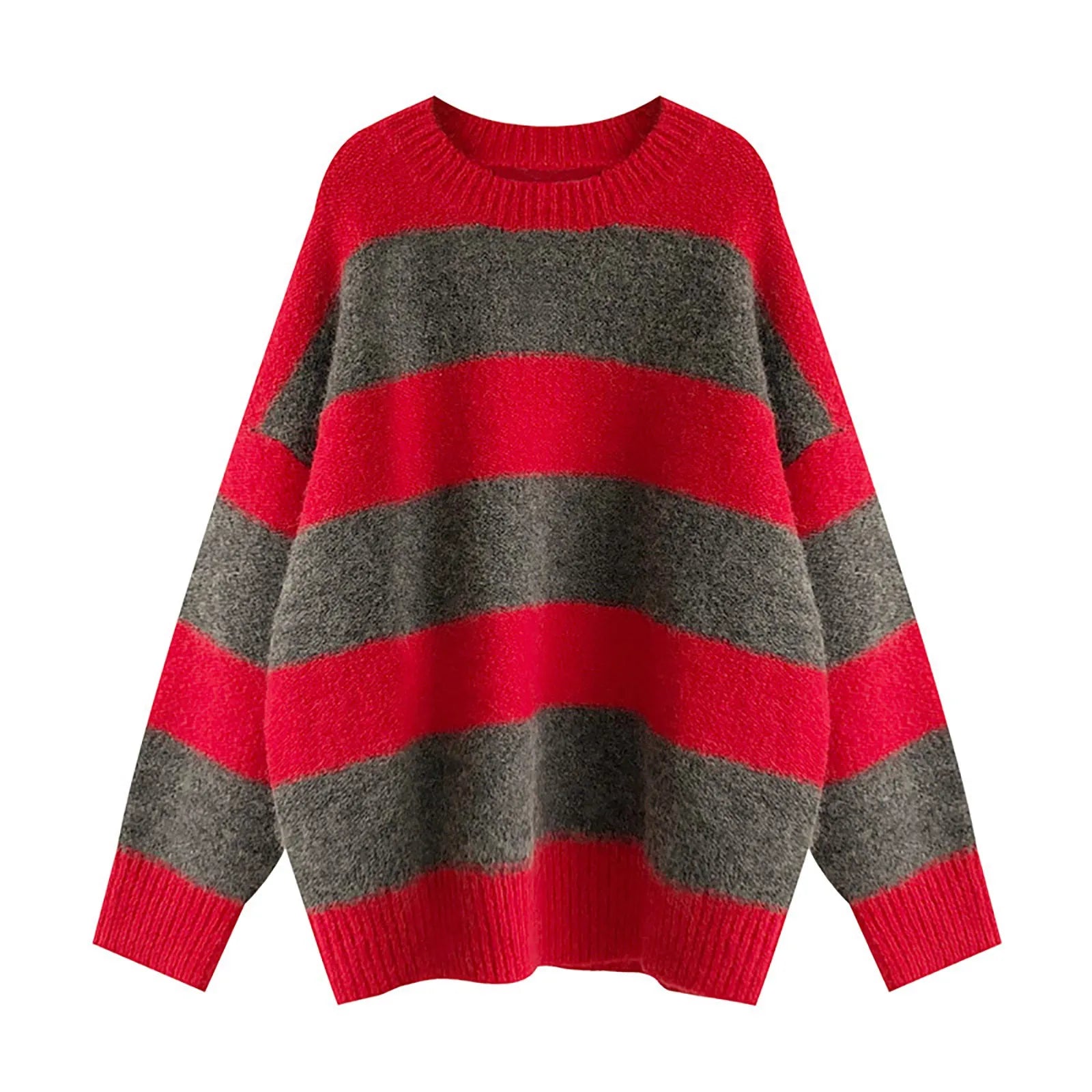 A cozy oversized striped sweater featuring a classic striped pattern, O-neck collar, and full sleeves, perfect for autumn and winter wear.