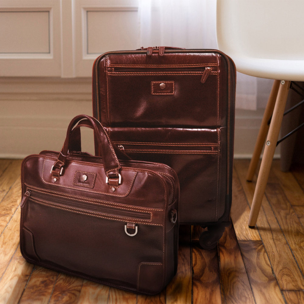 Oxford 4 Wheel Cabin Trolley in tobacco color, showcasing its stylish design and organizational features.