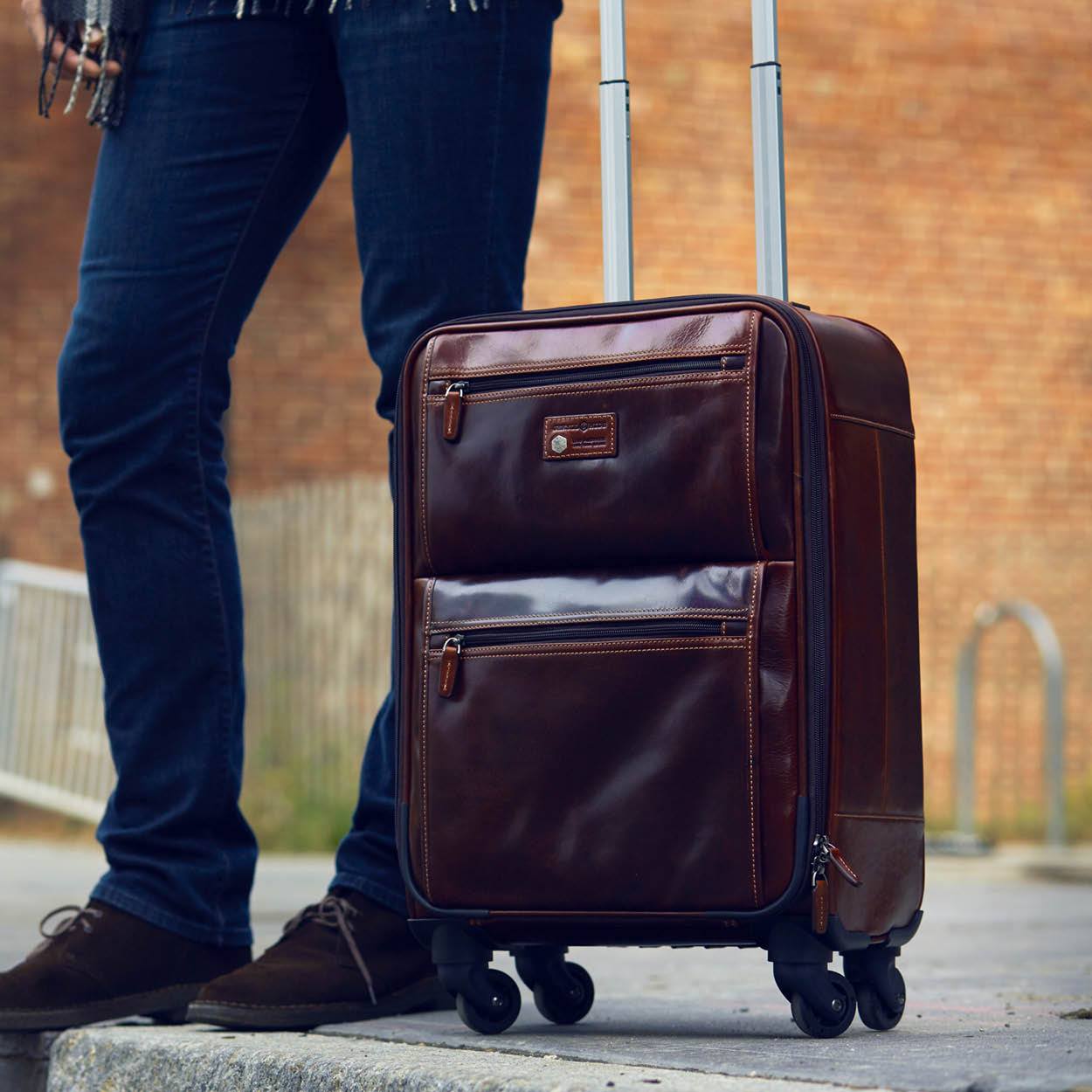 Oxford 4 Wheel Cabin Trolley in tobacco color, showcasing its stylish design and organizational features.