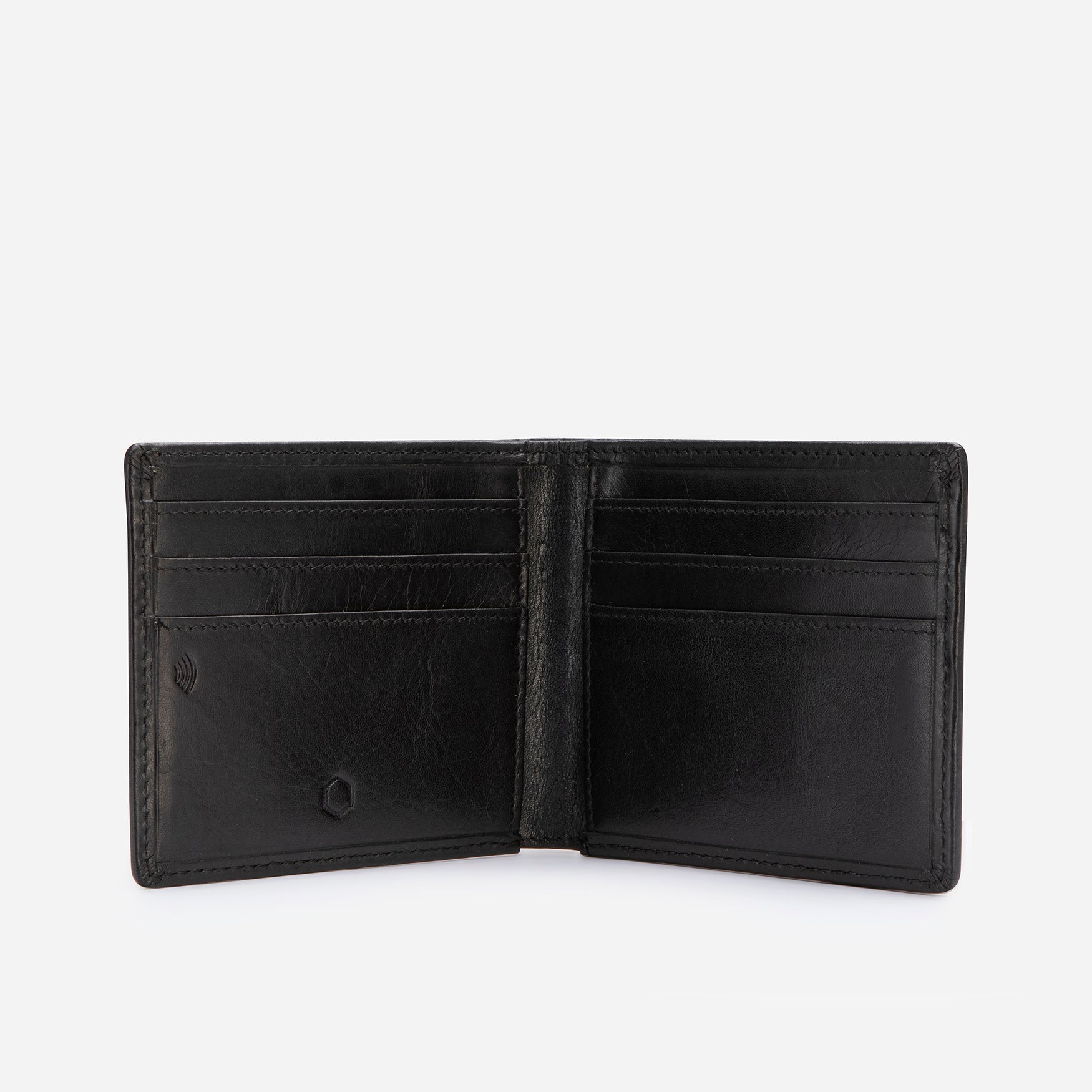 Oxford Bi-fold card holder in black, showcasing its sleek design and multiple card slots.