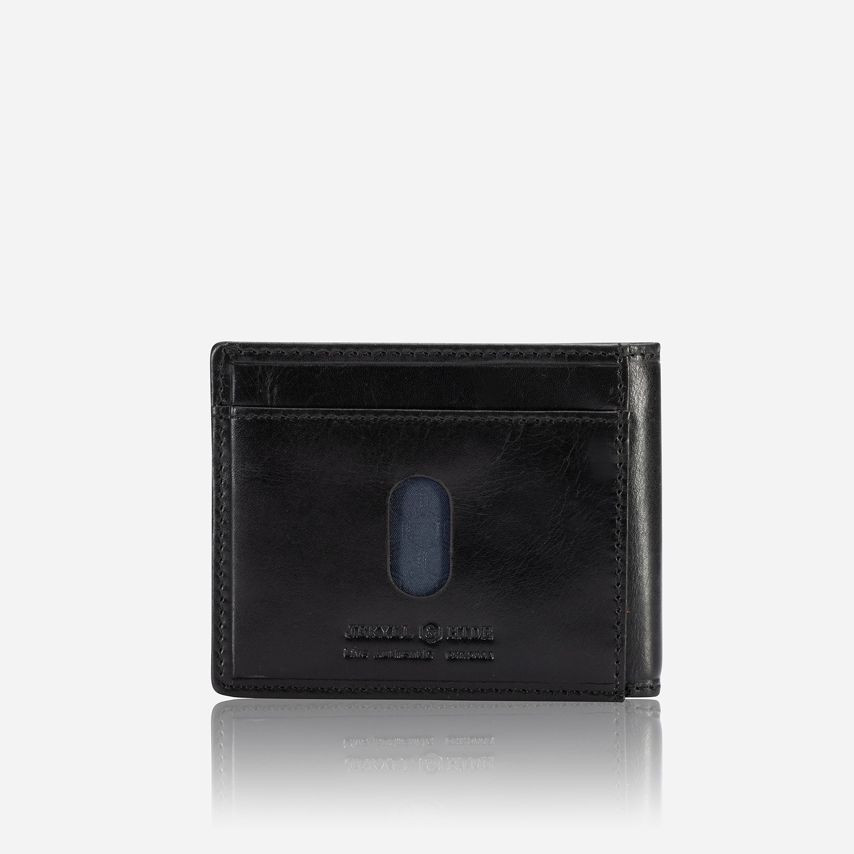 Oxford Bi-fold card holder in black, showcasing its sleek design and multiple card slots.