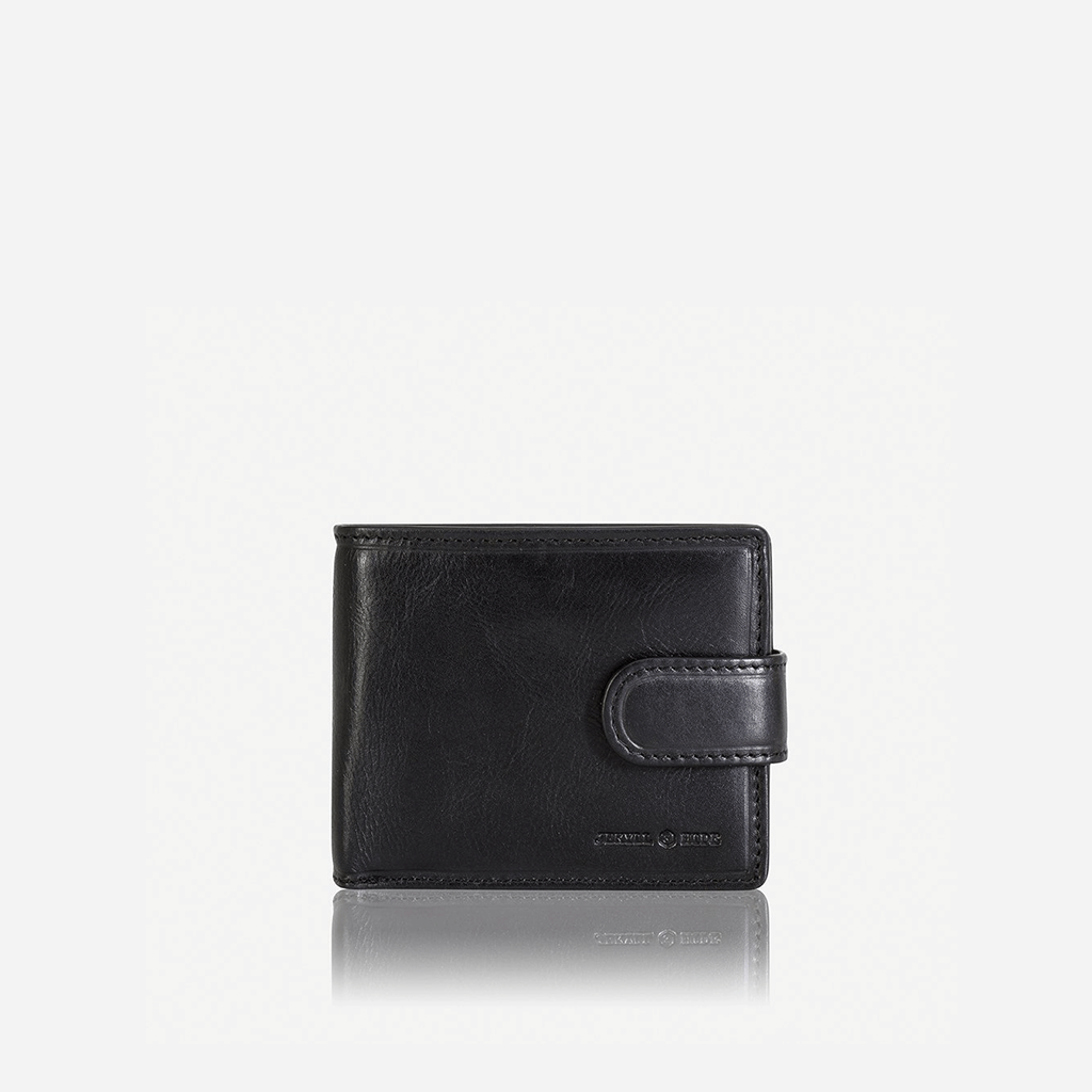 Oxford Billfold Wallet in black leather with coin pocket and ID window, showcasing its sleek and compact design.