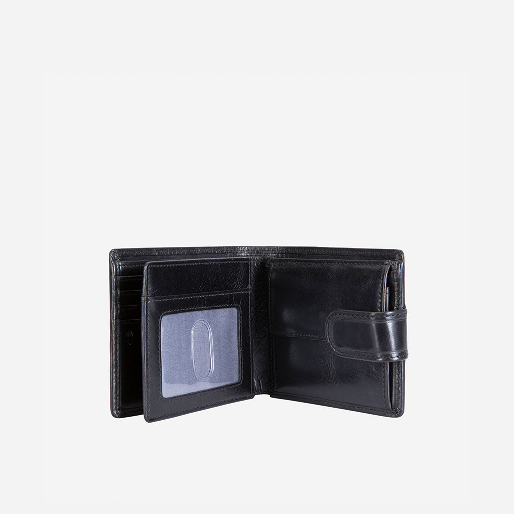 Oxford Billfold Wallet in black leather with coin pocket and ID window, showcasing its sleek and compact design.