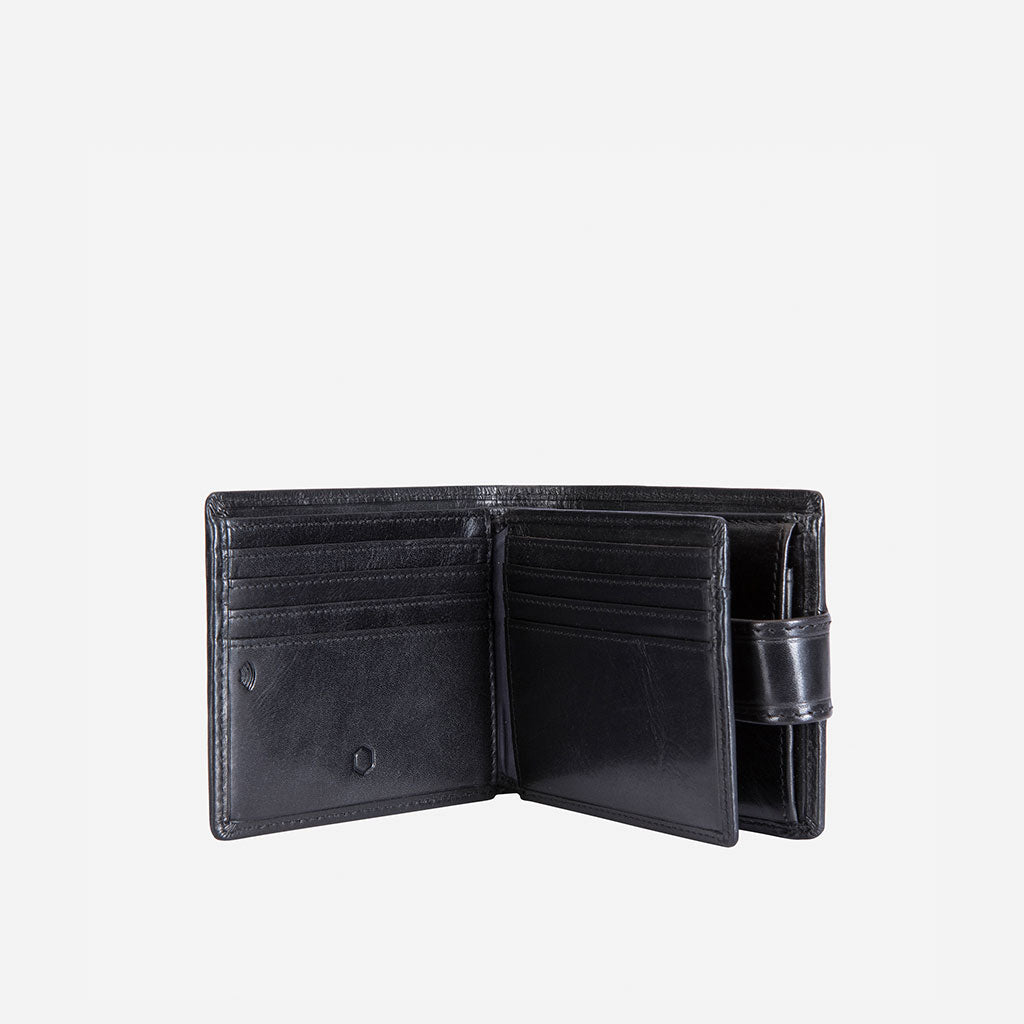 Oxford Billfold Wallet in black leather with coin pocket and ID window, showcasing its sleek and compact design.