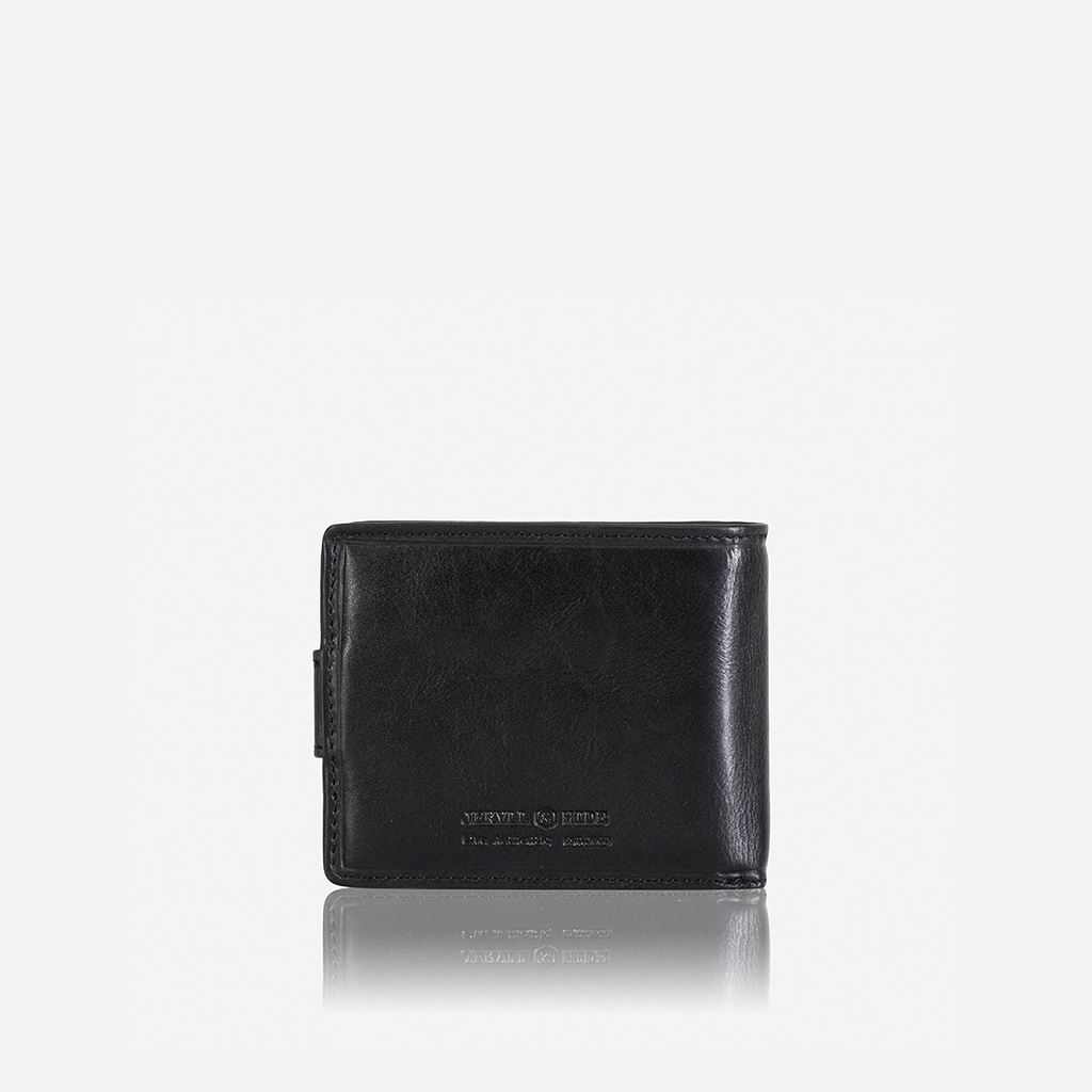 Oxford Billfold Wallet in black leather with coin pocket and ID window, showcasing its sleek and compact design.