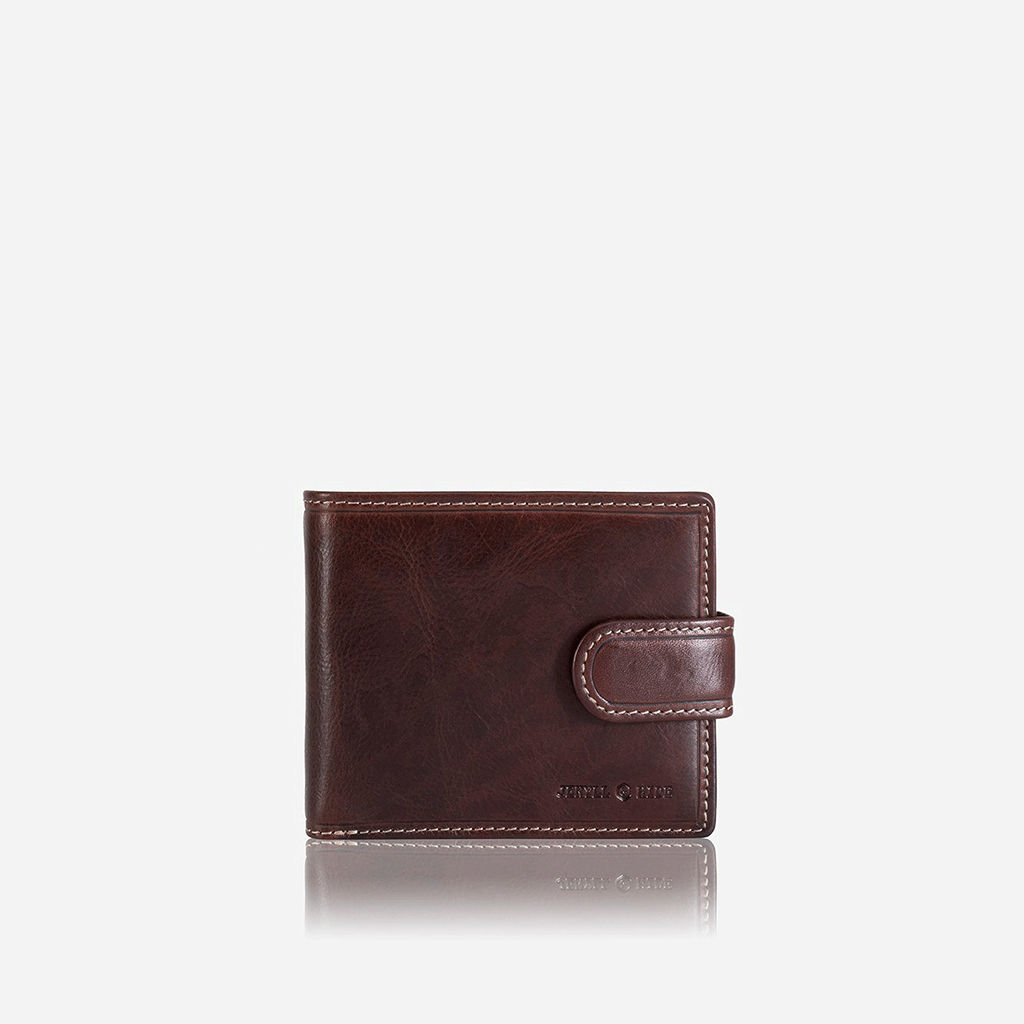 Oxford Billfold Wallet in Coffee color featuring a coin pouch and ID window, showcasing its compact and stylish design.