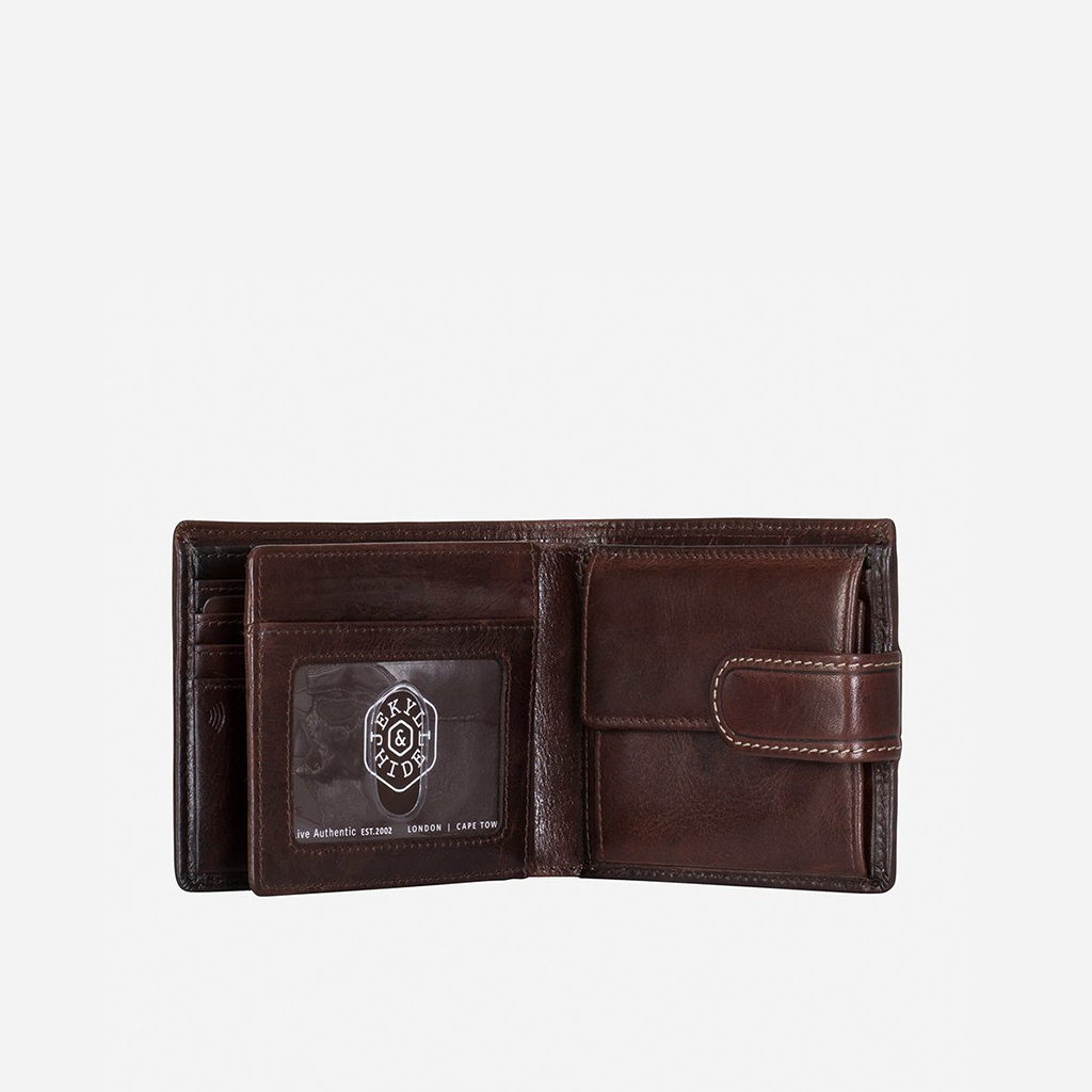 Oxford Billfold Wallet in Coffee color featuring a coin pouch and ID window, showcasing its compact and stylish design.