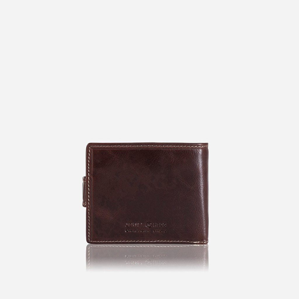 Oxford Billfold Wallet in Coffee color featuring a coin pouch and ID window, showcasing its compact and stylish design.