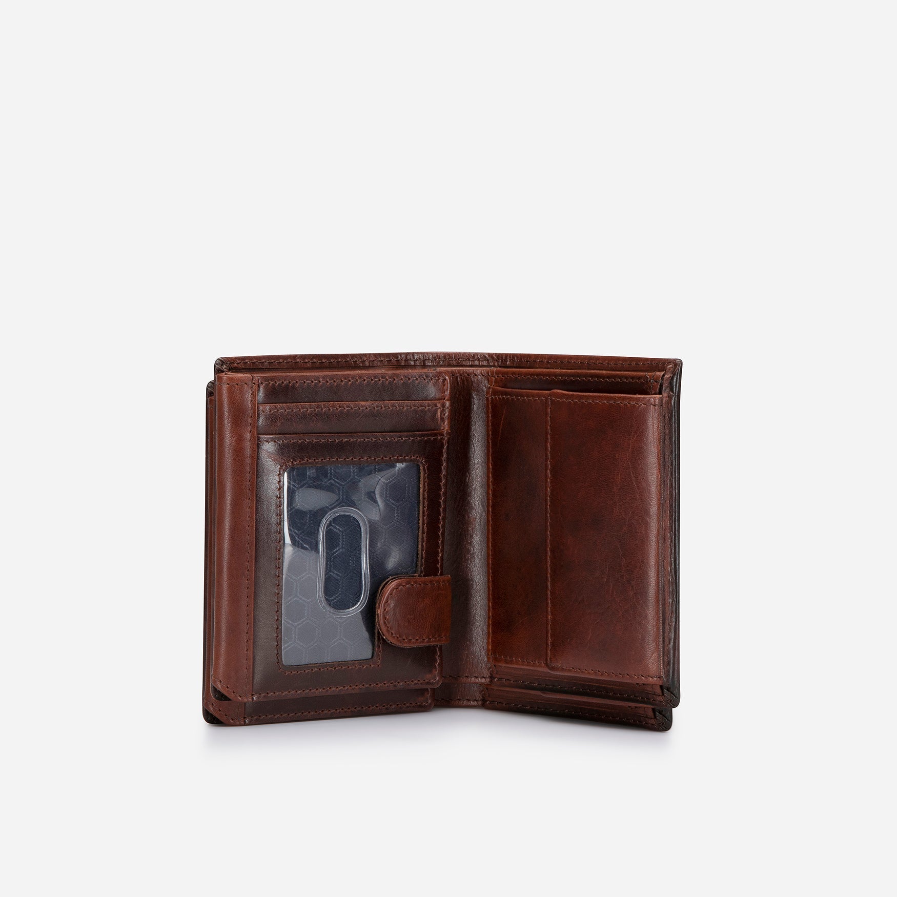 Oxford Billfold Wallet in coffee color featuring an ID window and RFID protection, designed for cards and coins.