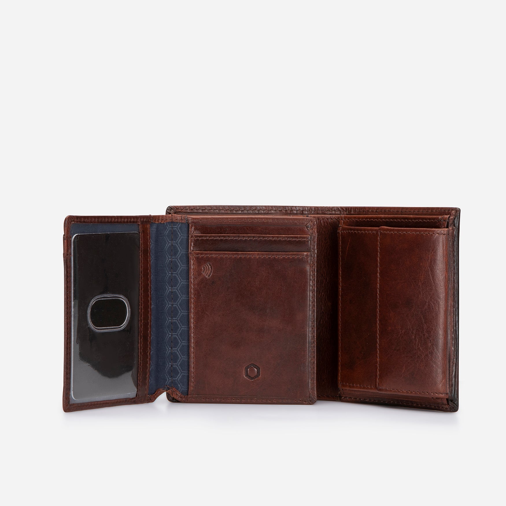 Oxford Billfold Wallet in coffee color featuring an ID window and RFID protection, designed for cards and coins.