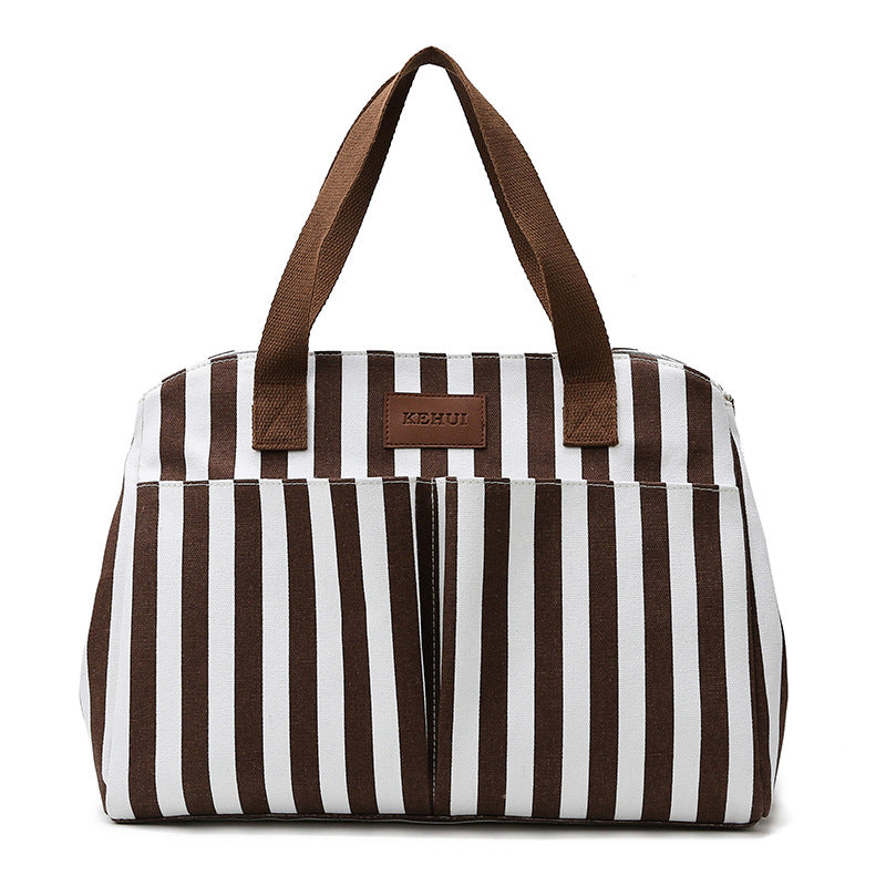 Stylish Oxford Cloth Striped Mommy Bag with soft handle and zipper closure, perfect for outings.