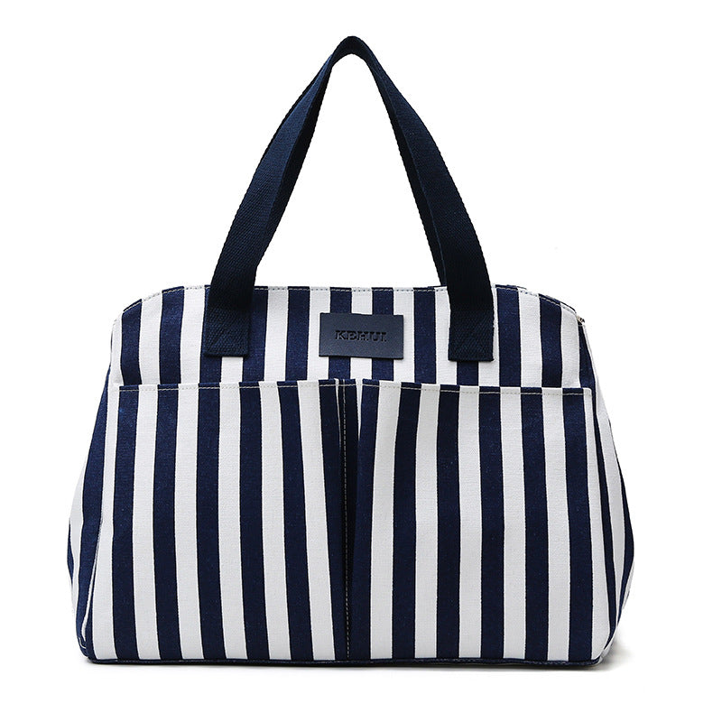 Stylish Oxford Cloth Striped Mommy Bag with soft handle and zipper closure, perfect for outings.