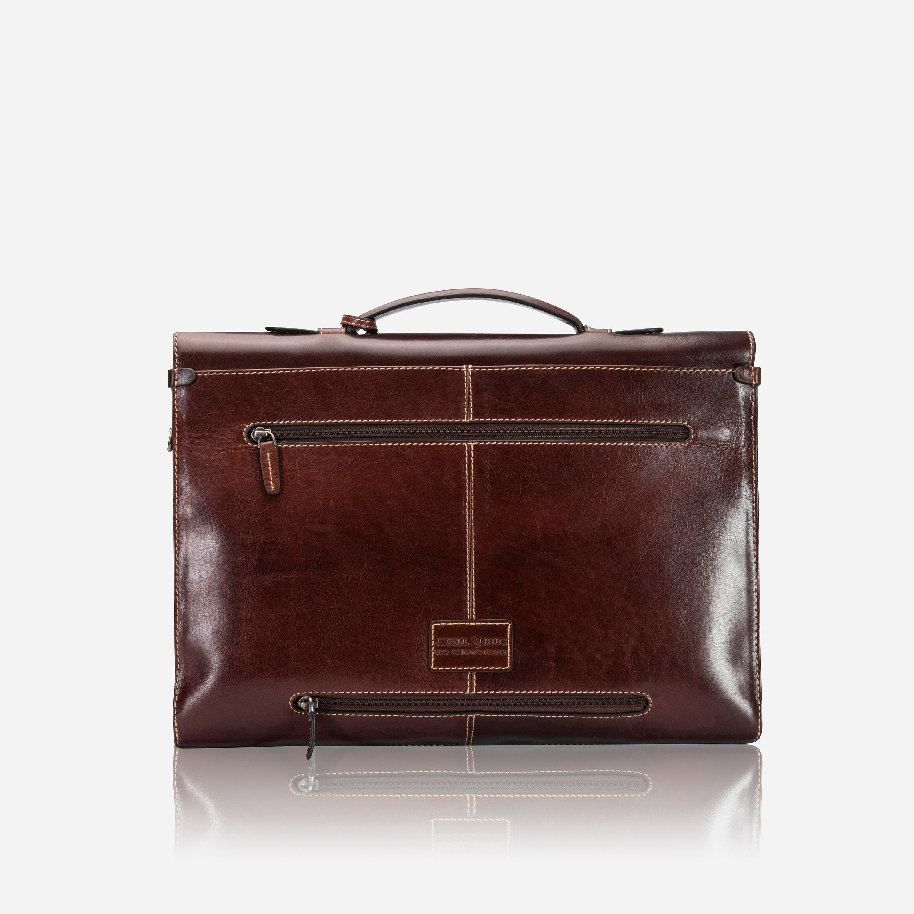 Oxford Extra Slim Double Compartment Business Briefcase in Tobacco, showcasing its sleek design and compartments for organization.