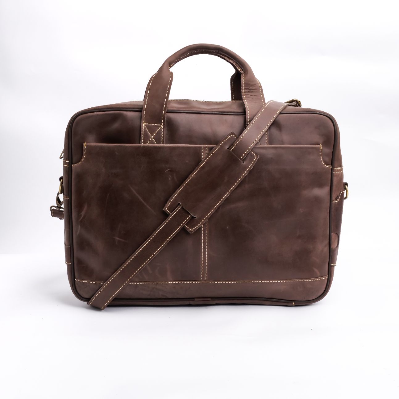 Oxford Pure Leather Vintage Business Laptop Bag in dark brown, showcasing its elegant design and multiple compartments.