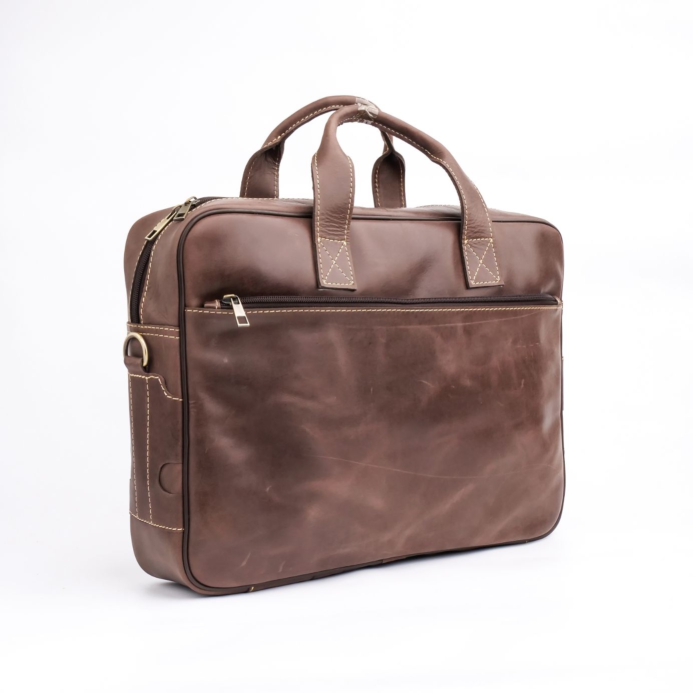 Oxford Pure Leather Vintage Business Laptop Bag in dark brown, showcasing its elegant design and multiple compartments.