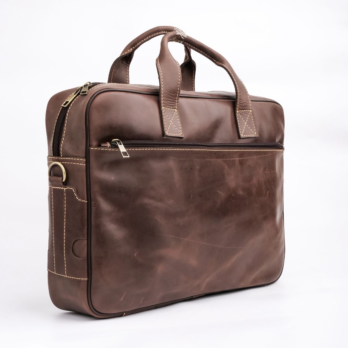 Oxford Pure Leather Vintage Business Laptop Bag in dark brown, showcasing its elegant design and multiple compartments.