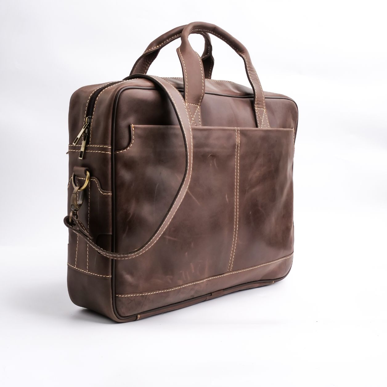 Oxford Pure Leather Vintage Business Laptop Bag in dark brown, showcasing its elegant design and multiple compartments.