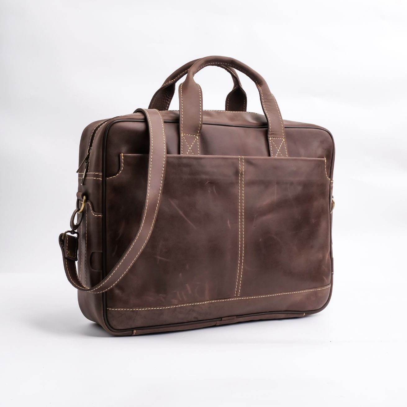 Oxford Pure Leather Vintage Business Laptop Bag in dark brown, showcasing its elegant design and multiple compartments.