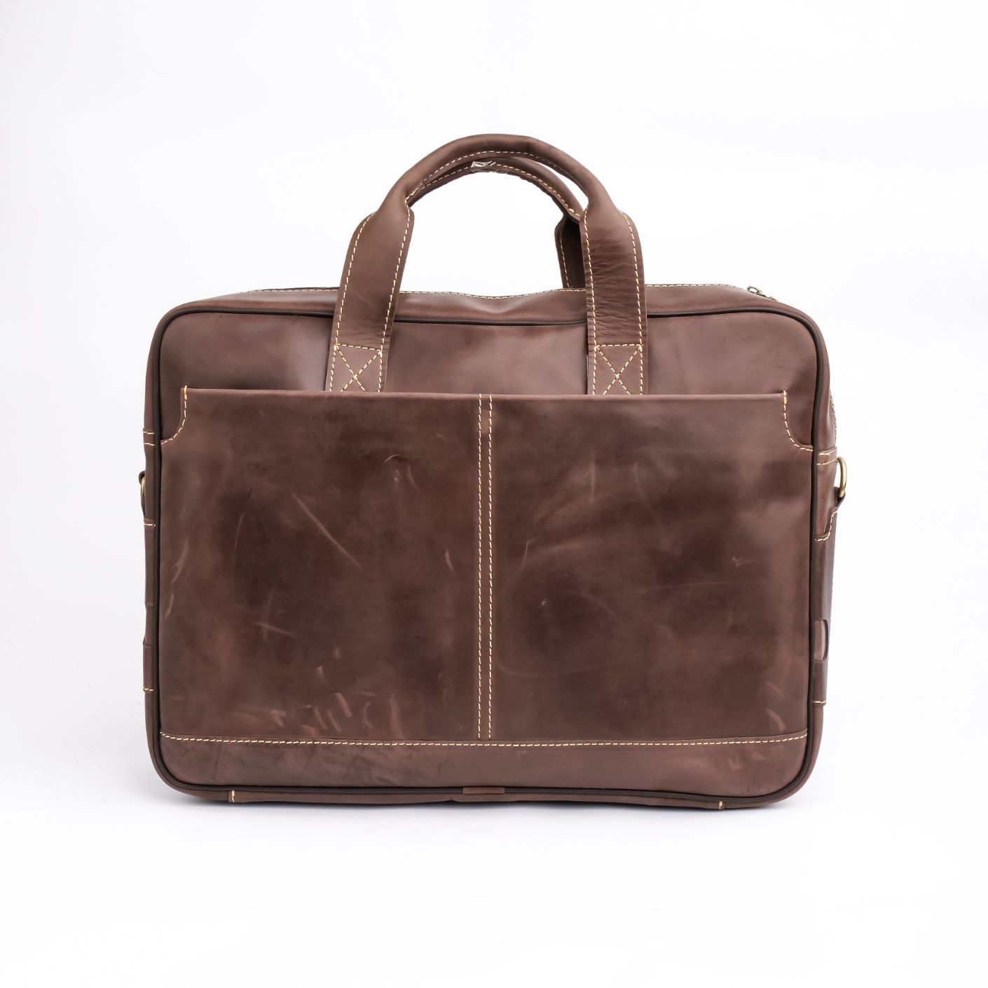 Oxford Pure Leather Vintage Business Laptop Bag in dark brown, showcasing its elegant design and multiple compartments.