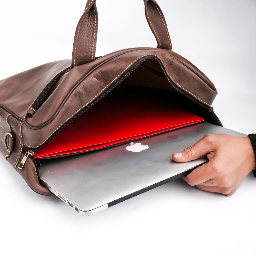 Oxford Pure Leather Vintage Business Laptop Bag in dark brown, showcasing its elegant design and multiple compartments.