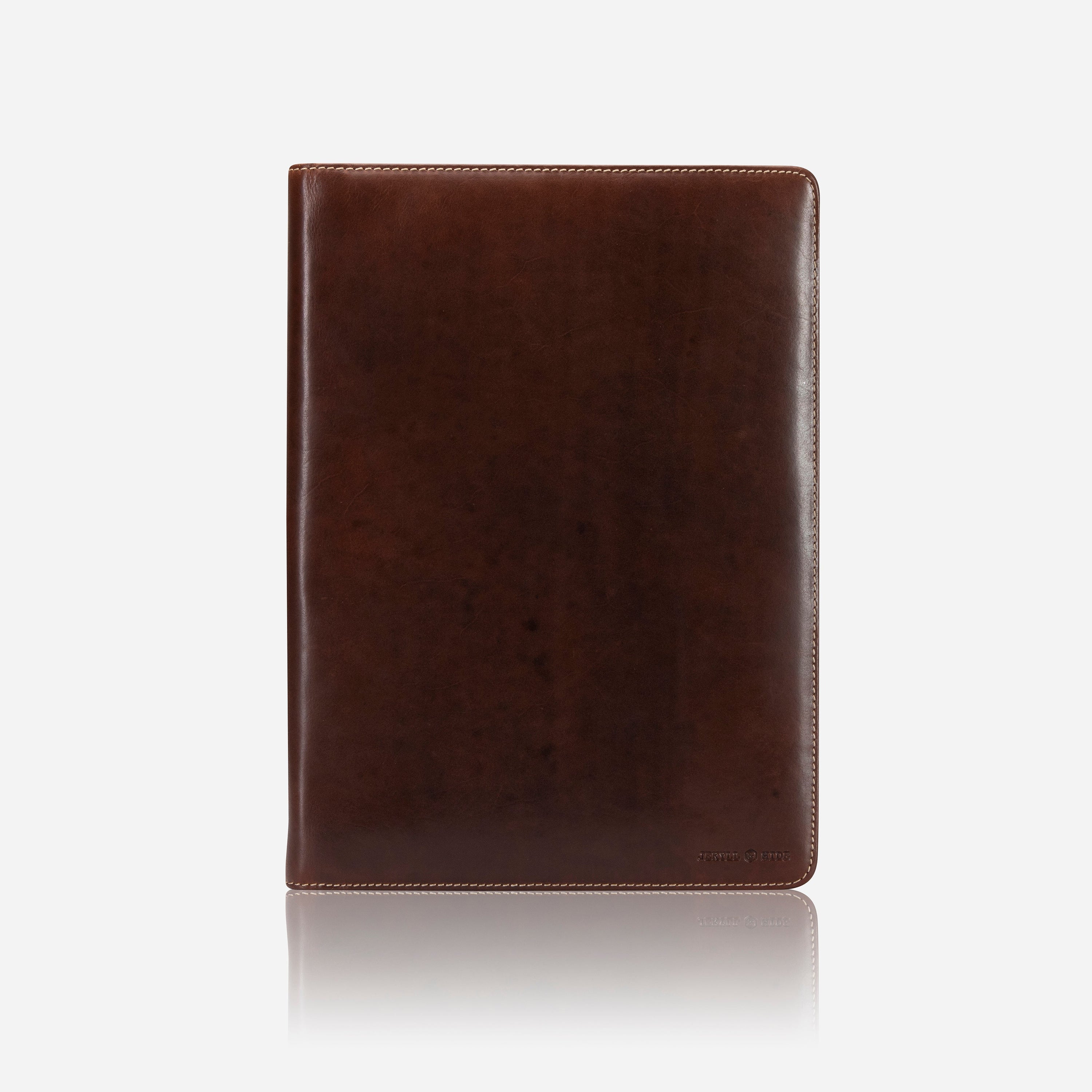 Oxford Zip Around A4 Folder in Espresso, showcasing its leather texture and spacious interior for documents and tech.